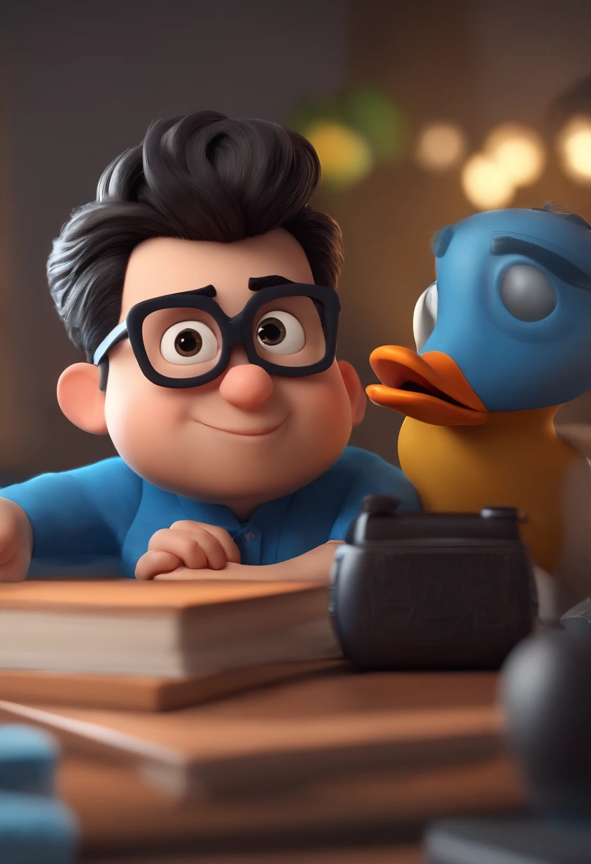 Cartoon character of a man with black glasses, straight black hair, duckling face and a blue shirt, animation character, Caractere estilizado, animation style rendering, 3D estilizado, Arnold Maya render, 3 d render stylized, toon render keyshot, Personagem 3D, Personagem 3D, 3d rendering stylized, 3 d character render, personagem de desenho animado, Personagem de close up, Pose de personagem, (Estilo Pixar) (master part:1.2) (Bokeh) (best quality) (pele detalhada) (textura detalhada) (8k) (argila) (Cinematic lighting) (foco nítido