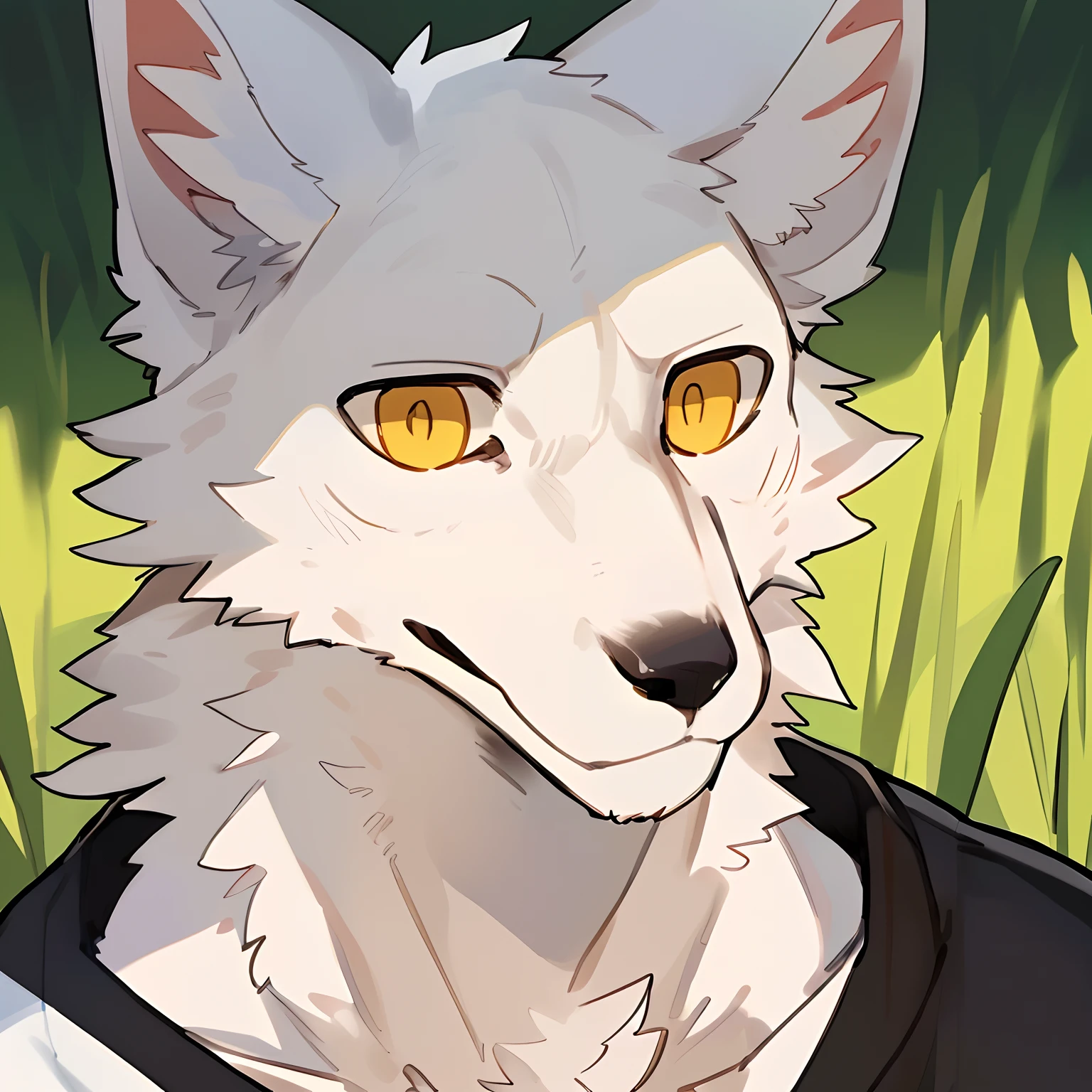 (((Detailed anatomy, detailed eyes detailed body detailed face, best quality, high resolution))), solo, (1male, white wolf, adult, white furs, skinny muscle, yellow eyes), black long sleeves shirt, black pants, in the field, by bebebebebe, K0BIT0WANI, SpiritD, Zackary911