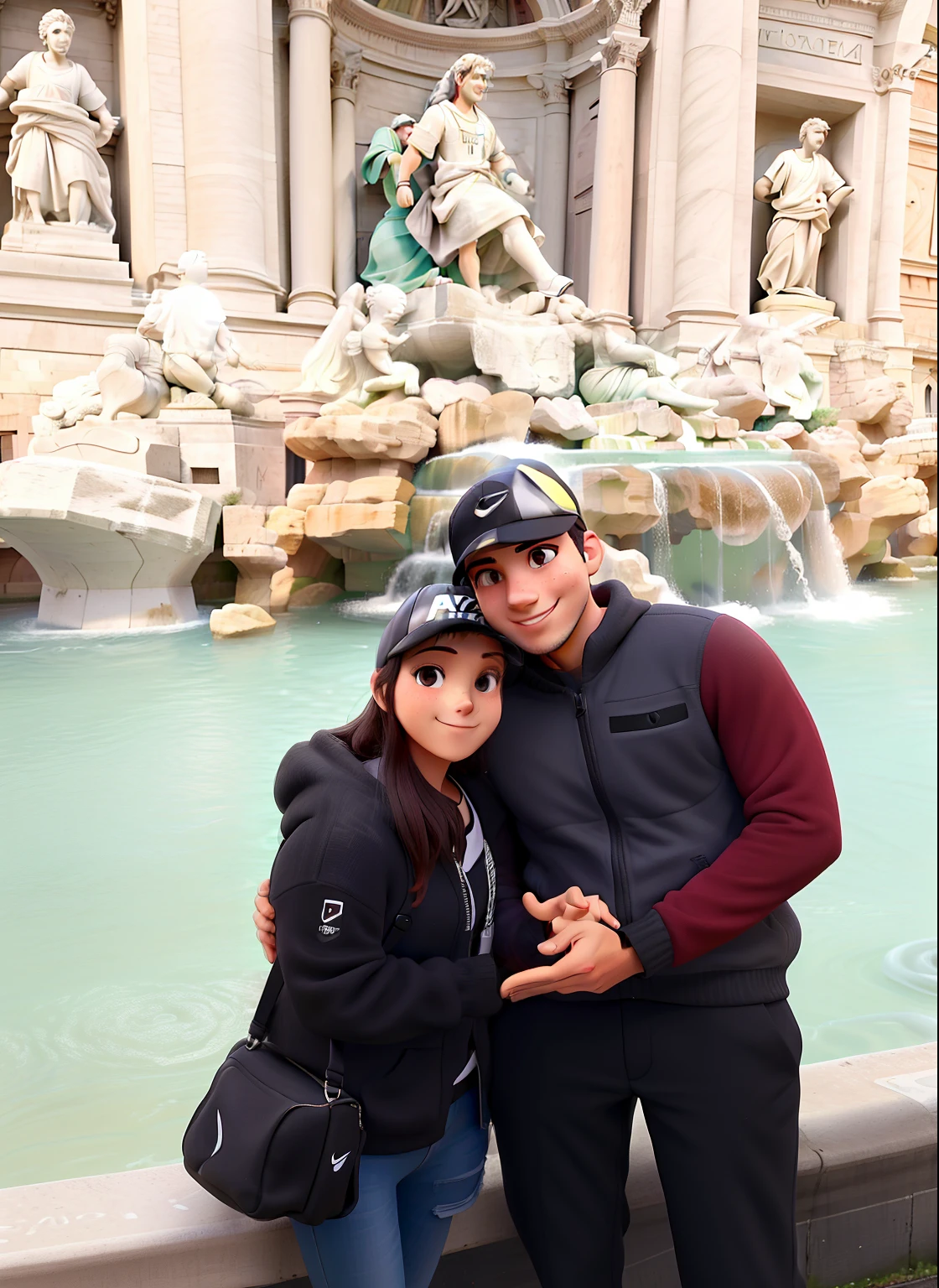 Um casal apaixonado em frente a fonte di trevi, roma, italia. He's wearing a black nike cap. They're both smiling and looking into the camera. The plane of the photo is more open showing the font.
