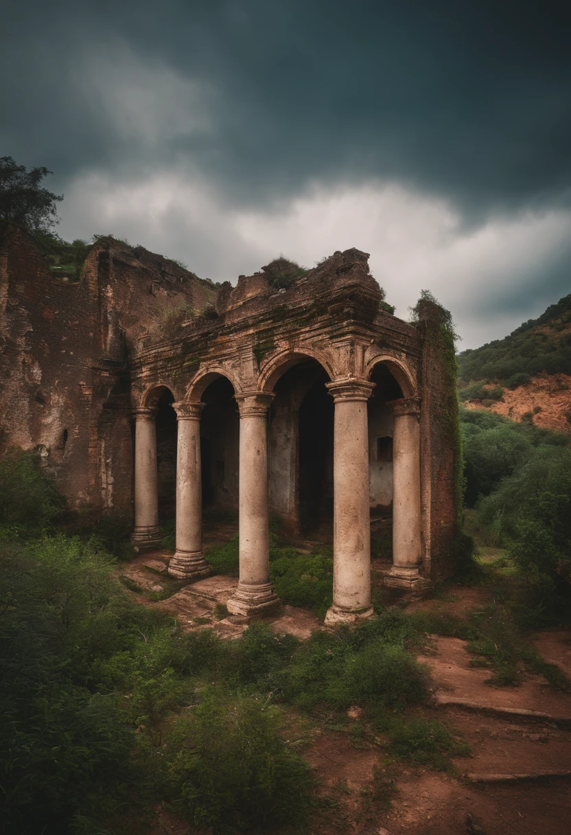 ruinas de uma lanchonete abandonada coberta por raizer no escuro