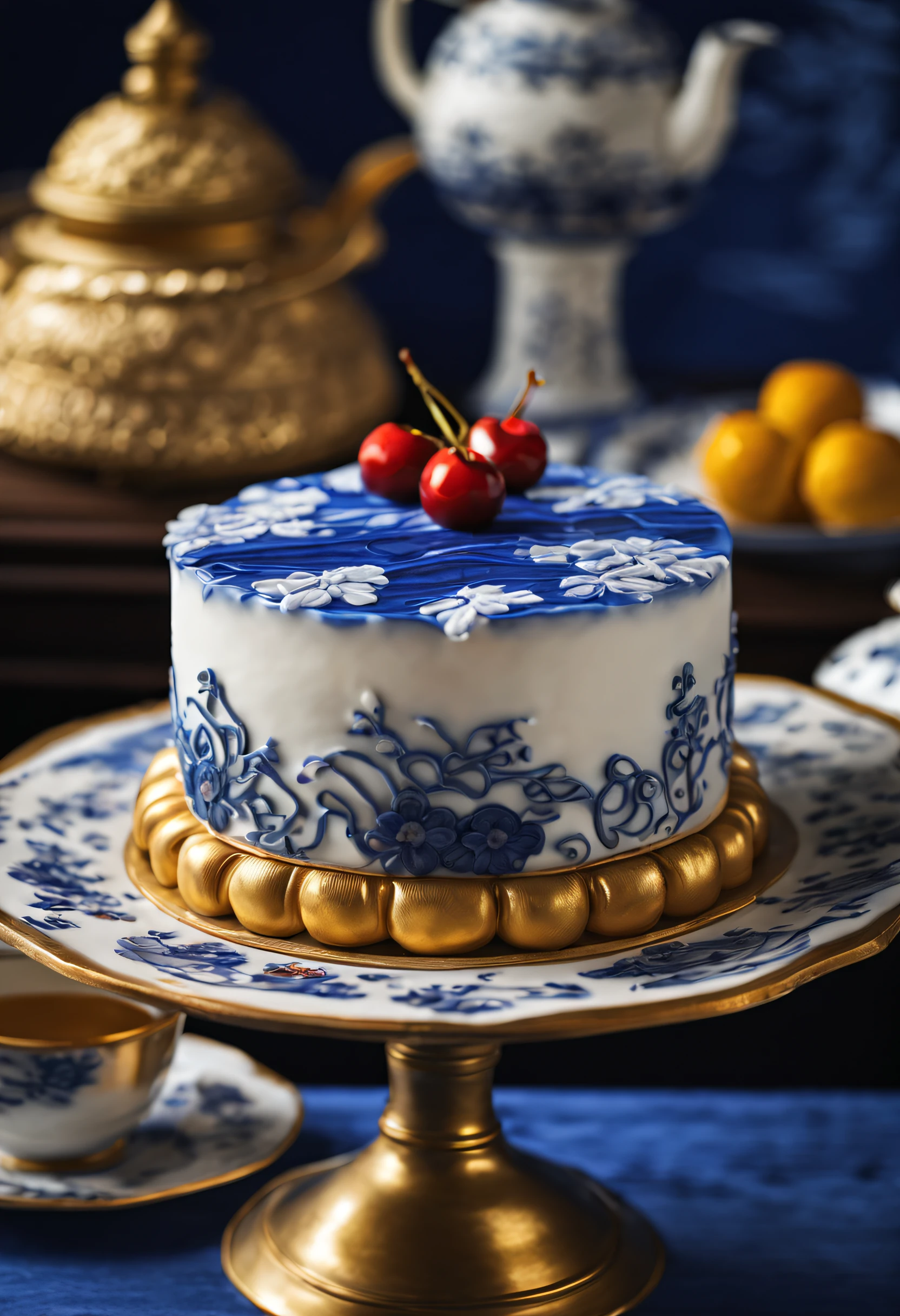 (Cake on a plate) ,Blue and white design, cake art, Blue, White and gold, Jelly cake, Blue and white clothes, The edge of the cake,Complex pastry-making techniques,Delicate lace loops were made,It is mostly golden yellow and red,It is inlaid with a variety of small but delicate cherry blossoms,Add rich color and texture to cakes,At the same time, It also symbolizes China's prosperity and abundance。chinese blue and white porcelain, Cake sculpture
Add a little background: Dark blue,close up photograph,Photography,a beautiful painting by Tan Yin,Alphonse Mucha,(Ukiyo-e art),Masterpiece,Chinese painting,dripping paint,author:nobuyoshi araki, author:paul barson,Mellow Atmosphere,Calm atmosphere,Depth of field (degrees of freedom),Close up,gentle illumination, --AR 9:16 --style raw --upbeta3D rendering