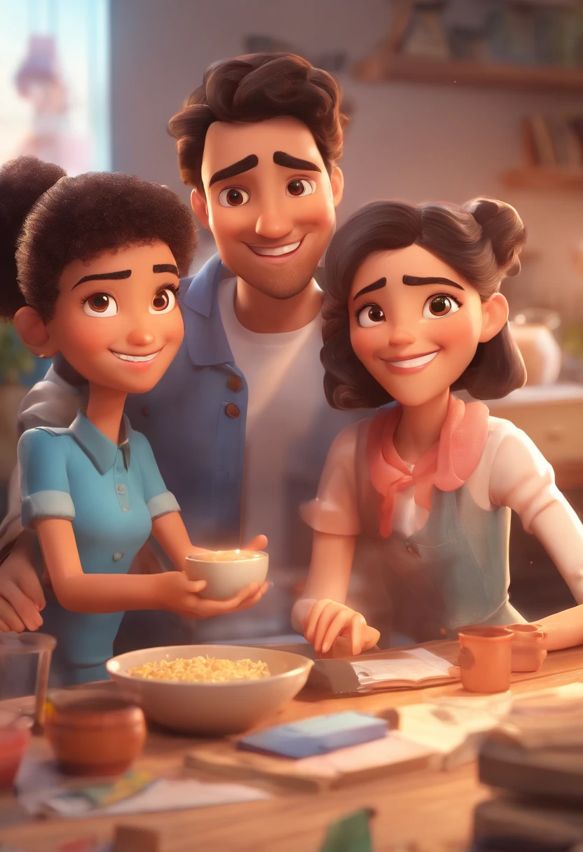 An illustration of an adorable couple, destacando um homem e uma mulher com bonito, Expressive eyes – the man's skin is black and the man's hair is bald and black, while the woman's skin is black and the woman's hair is curly and brown. They are a bright room, cada um com um sorriso no rosto, e compartilhar um momento especial caracterizado pelo amor, arroz, e insights educacionais. Illustrate this scene from a perspective where they are facing away from the camera, Showing Your Connection. Desenvolva esta arte em Full HD, Focus on your cinematic touch, Estilo Disney Pixar Animations