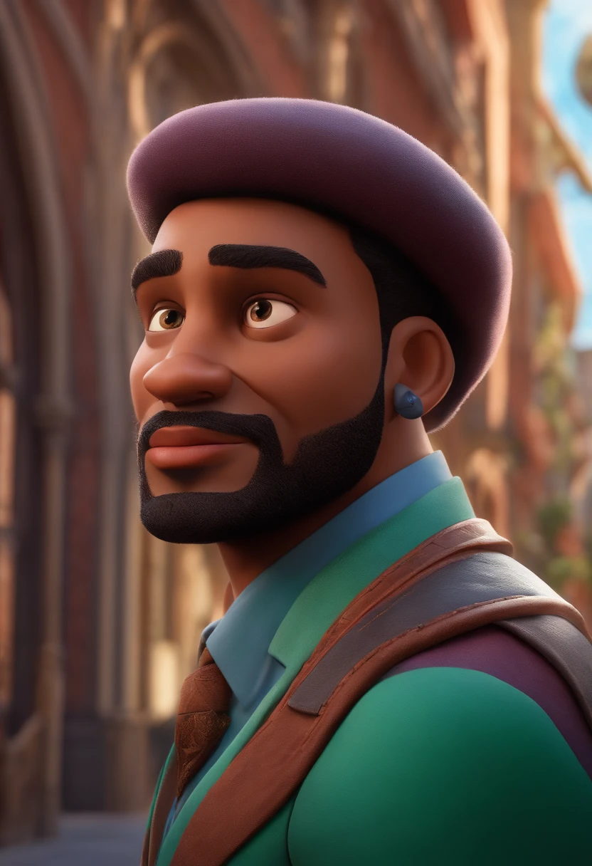 A city councilman looking at a dream project inspired by Pixar animation, de perto. The character takes center stage with captivating facial expressions, oferecendo um toque de irrealidade