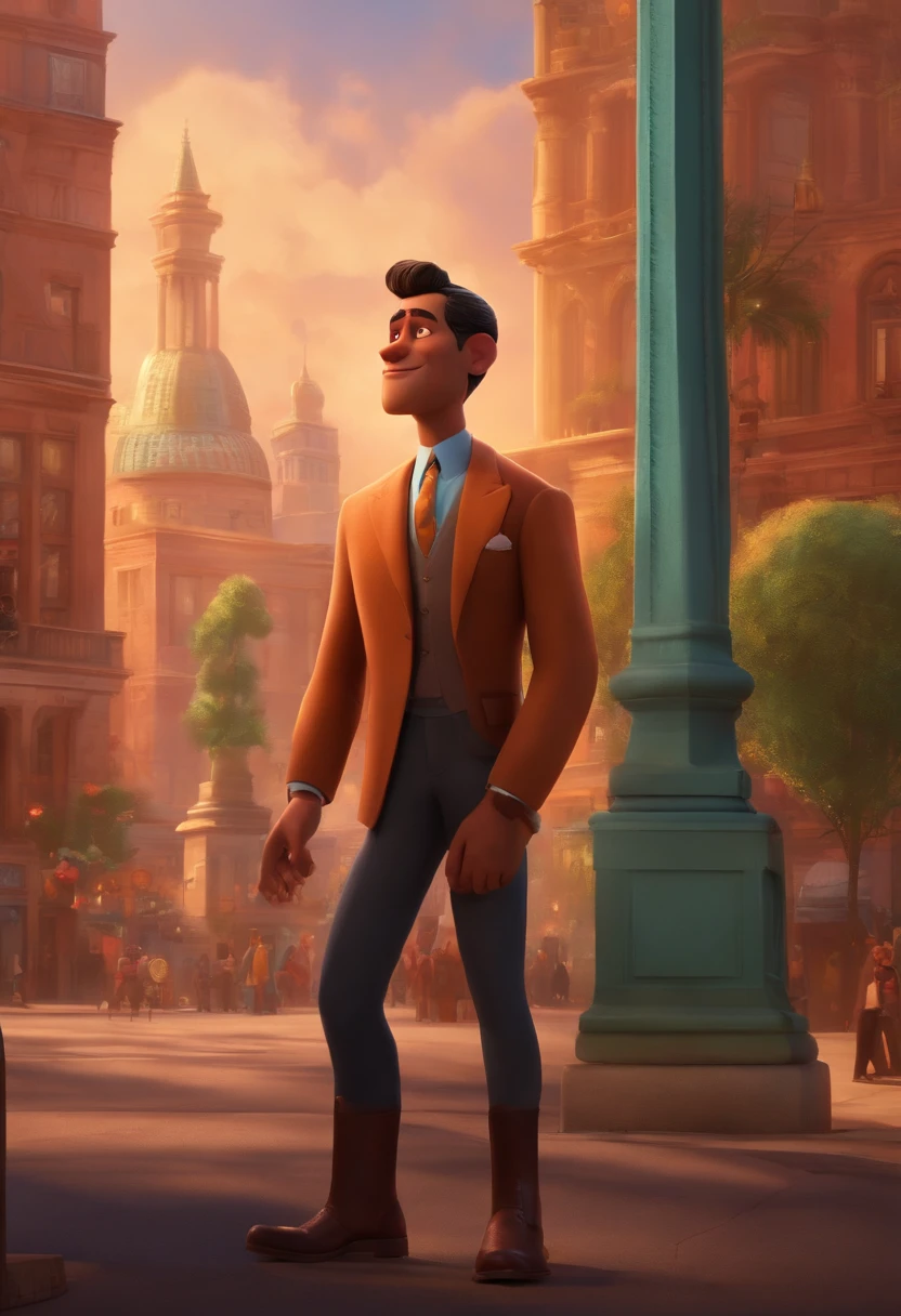 A city councilman looking at a dream project inspired by Pixar animation, de perto. The character takes center stage with captivating facial expressions, oferecendo um toque de irrealidade