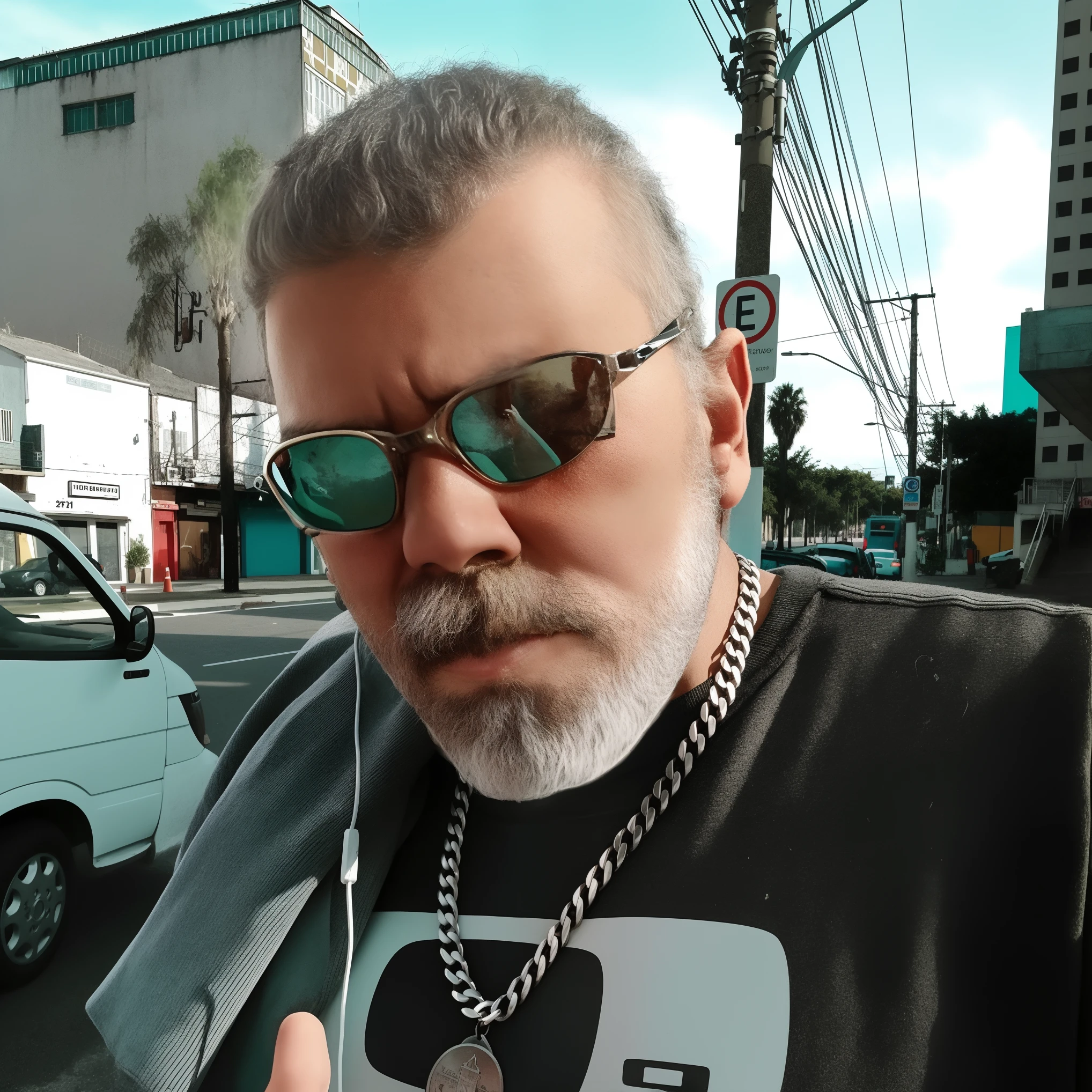 there is a man with a beard and sunglasses on a street, inspired by Antonio Parreiras, frank kozik, by Veno Pilon, by Antonio Parreiras, by Ric Estrada, inspired by Francis Souza, edu souza, by Manuel Franquelo, shot with iphone 1 0, by Camilo Egas