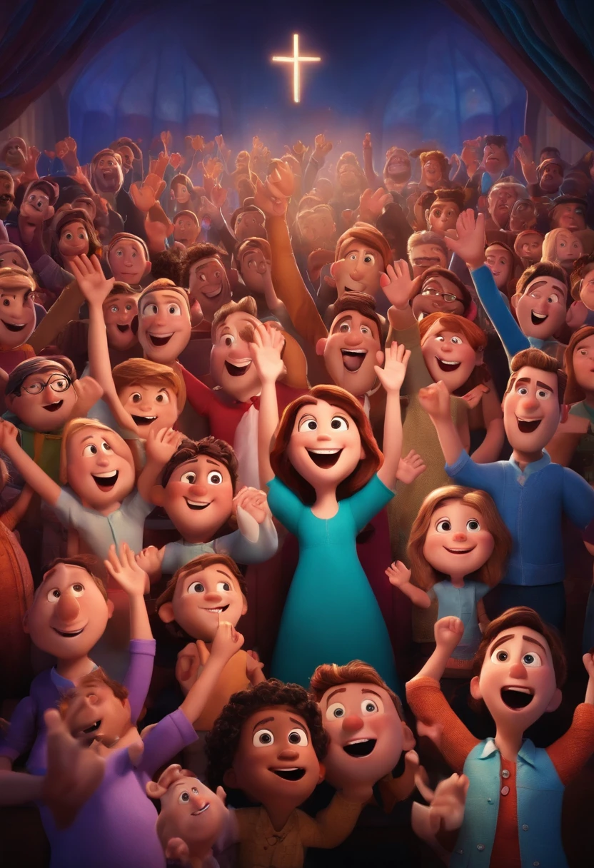 Cover of the film with the title "IBCA" of very happy people in an evangelical church with their hands raised and singing in Disney Pixar style