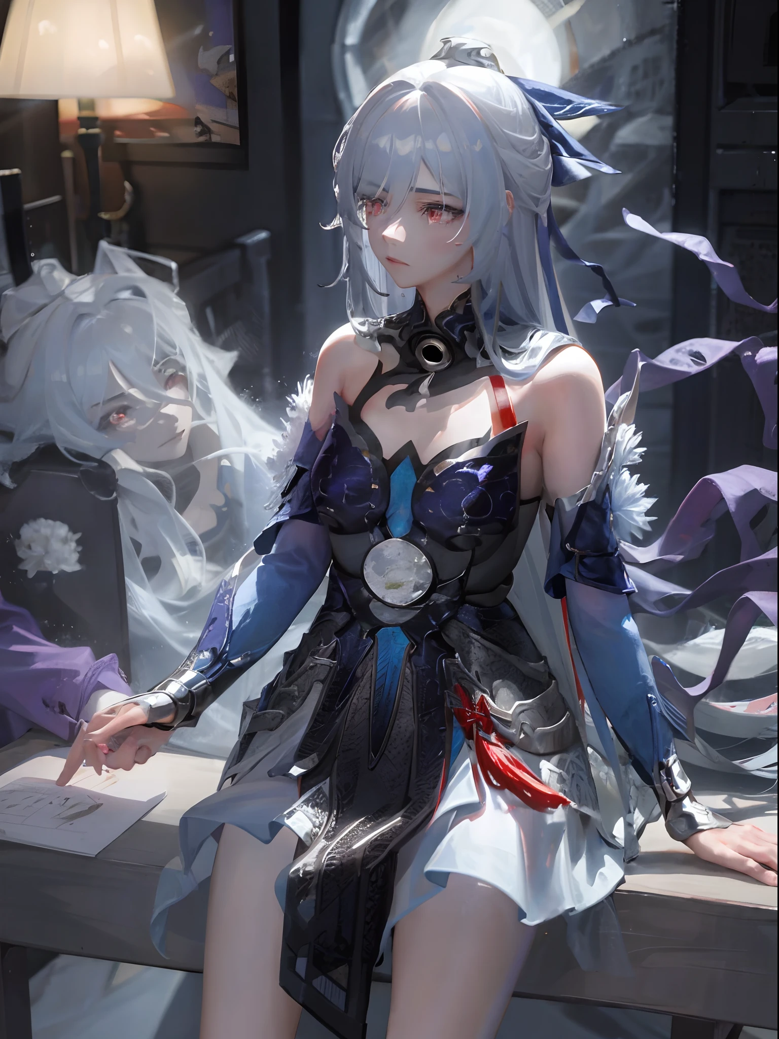 1girl, light blue hair, red eyes , purple , jingliu Honkai star rail , tried up hair , Castle , black dress