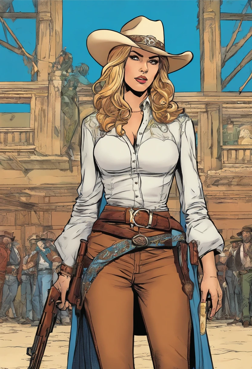 Action scene in a Western movie, Alissa White-Gluz com cabelo azul, vestido com um casaco branco de trincheira, blouse and cowboy hat enters a hall with drawing pistols ((apontou para o espectador)). corpo inteiro