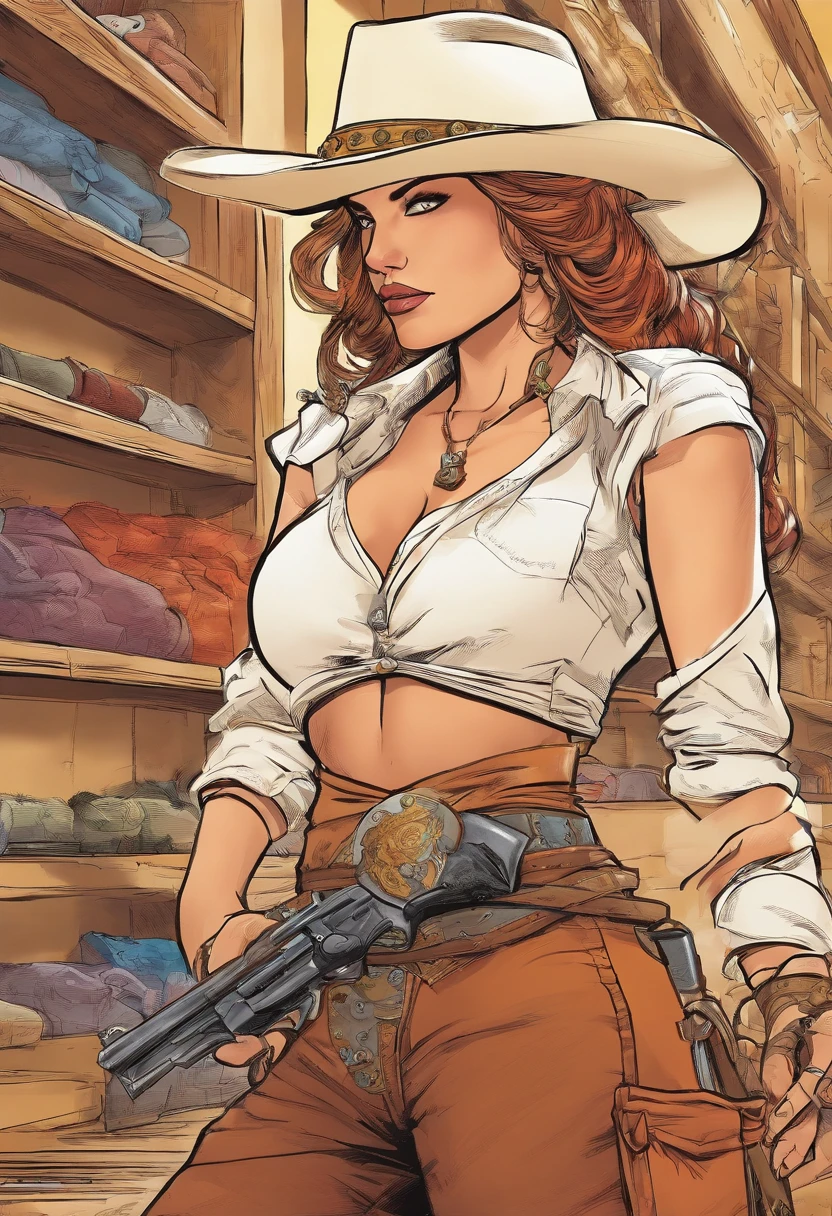 Action scene in a Western movie, Alissa White-Gluz com cabelo azul, vestido com um casaco branco de trincheira, blouse and cowboy hat enters a hall with drawing pistols ((apontou para o espectador)). corpo inteiro