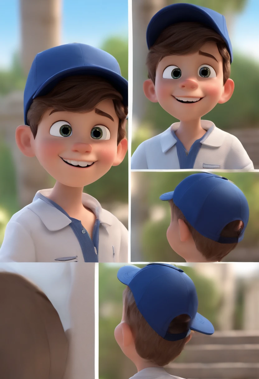 A happy cute boy standing short hair with dark blue cap , vestindo uma camisa azul , , fundo branco, barnet, Tom, Estilo Pixar, ......3d, desenhos animados, rosto detalhado, asymmetrical 16k