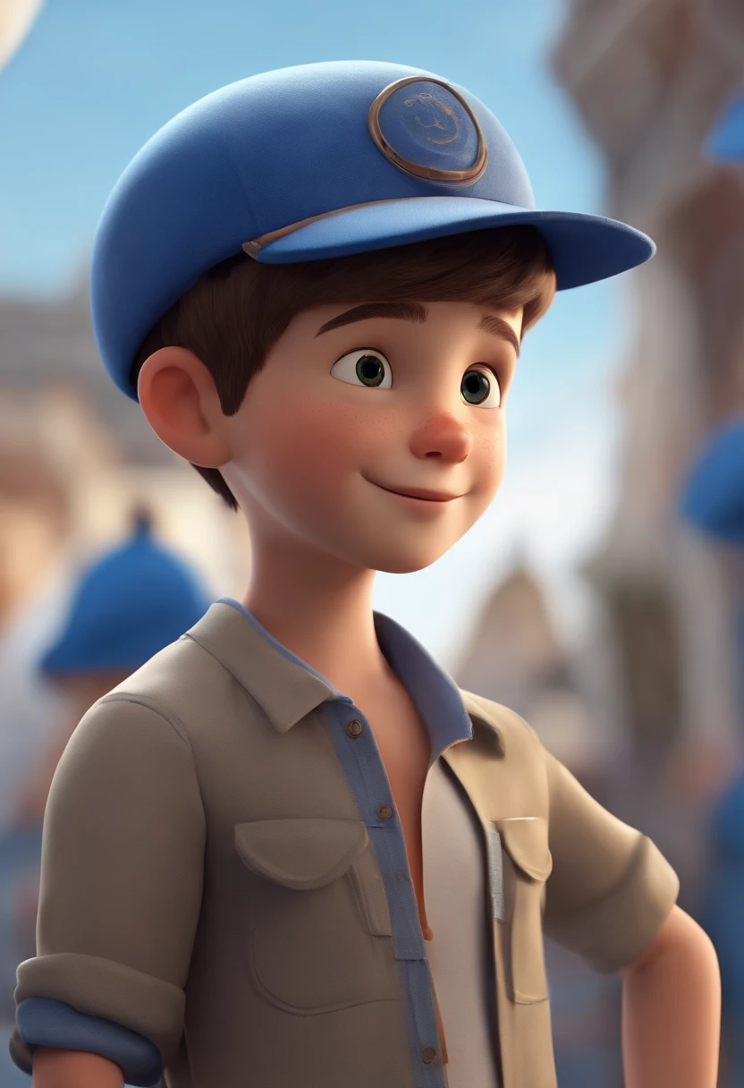 A happy cute boy standing short hair with dark blue cap , vestindo uma camisa azul , , fundo branco, barnet, Tom, Estilo Pixar, ......3d, desenhos animados, rosto detalhado, asymmetrical 16k
