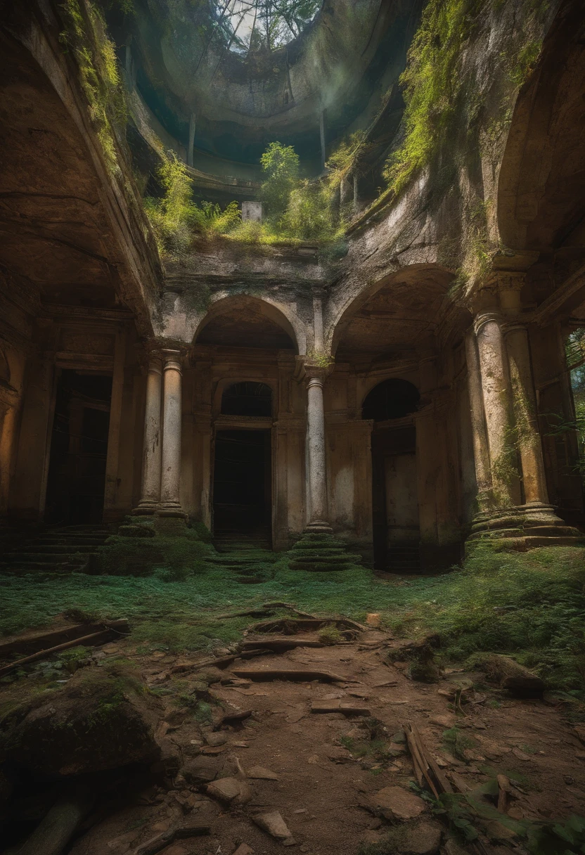 desenho arte ruinas do interior de lanchonete abandonada coberta por raizer no escuro