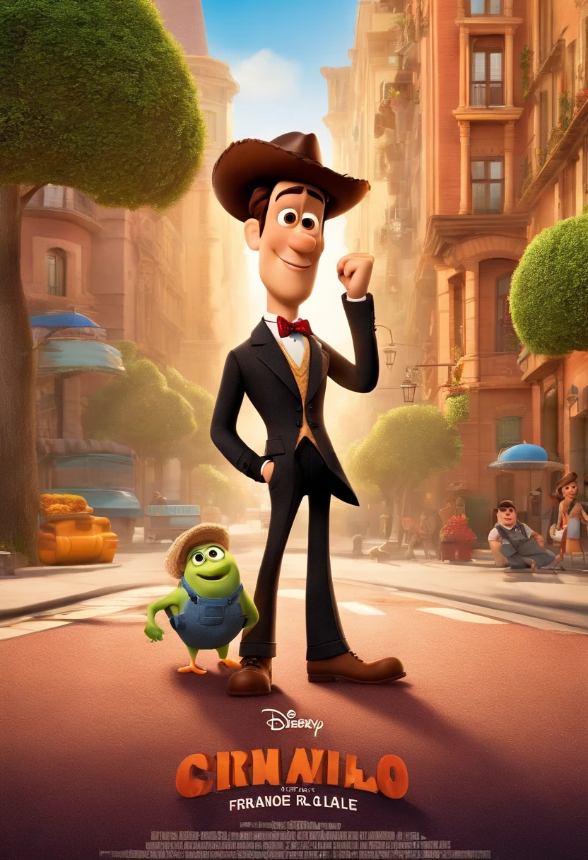 create a Disney-style Pixar movie poster from a high, Hombre imberbe y ligeramente gordo con traje y corbata posando para una foto, looking like Luis Lacalle Pou, Francisco Bustillo, Carolina Ache , He stands with his arms crossed where in the background a city with a wide avenue and behind it a square with several trees