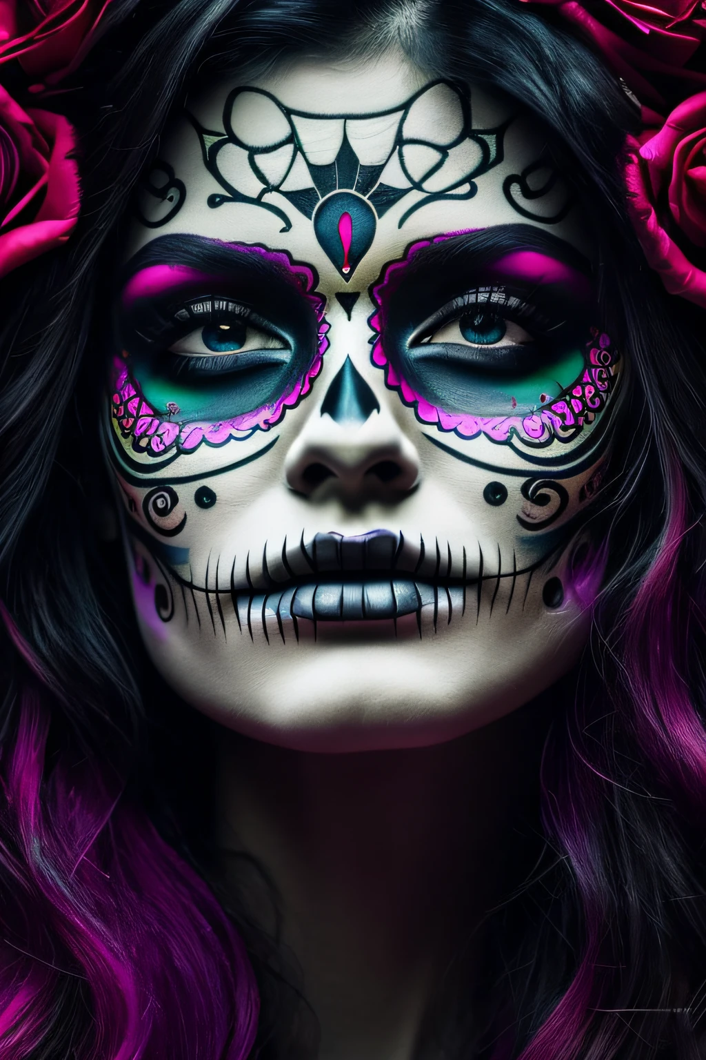in a psychedelic and chiness style a representation of the Day of the Dead on a beautifull female face ,magnificent and detailed. Lots of texture and an whirlwind explosion of dark powder in the background, upscale 8k