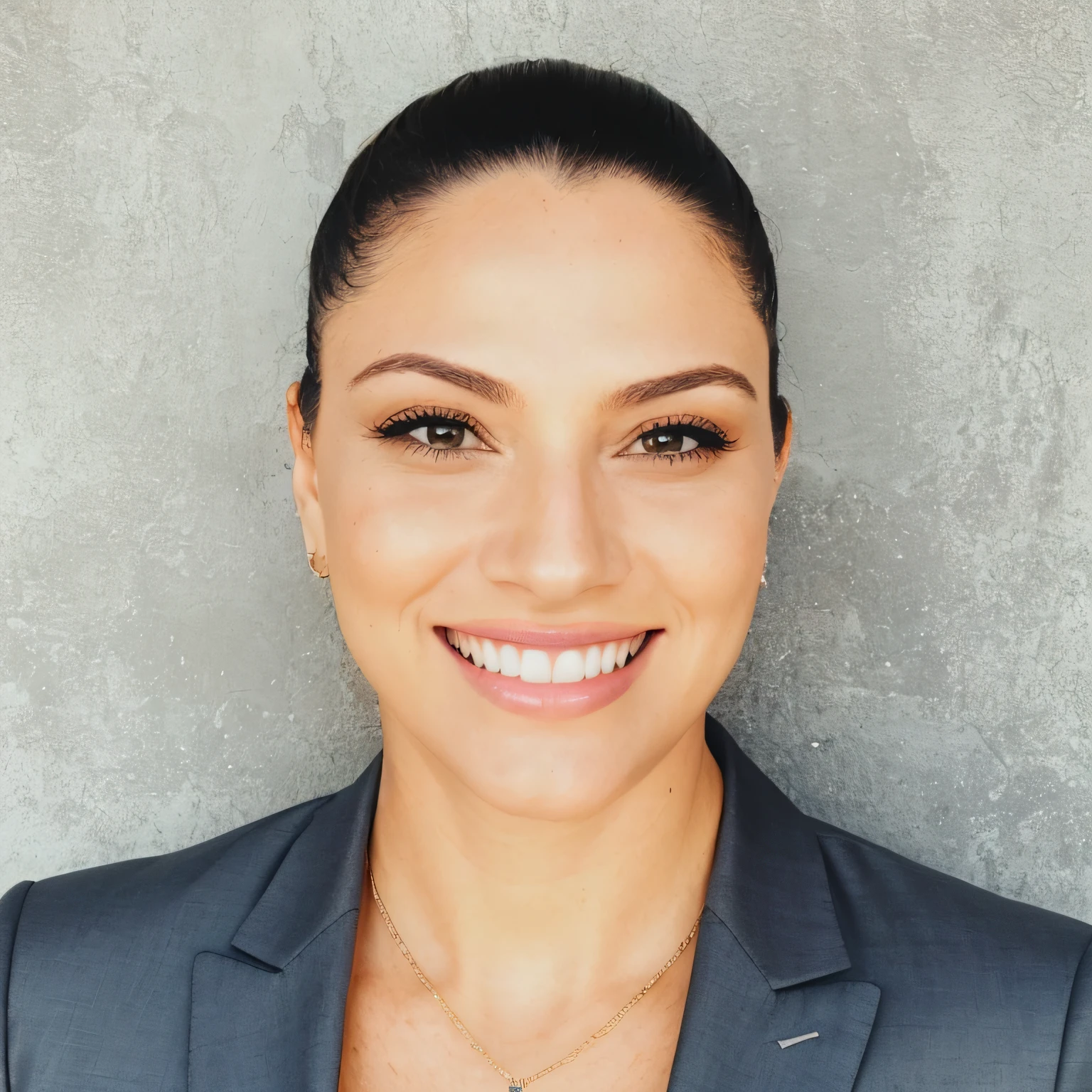 1 mulher adulta, cabelo comprido, cabelo cacheado, cabelo cor preto, pele suave, olhos castanhos, sorrir, vegetation, Occasional, Businesswoman style clothes, blaser marrom claro, realista, com fundo em um restaurante chique, 8k super realista, super detalhado e realista
