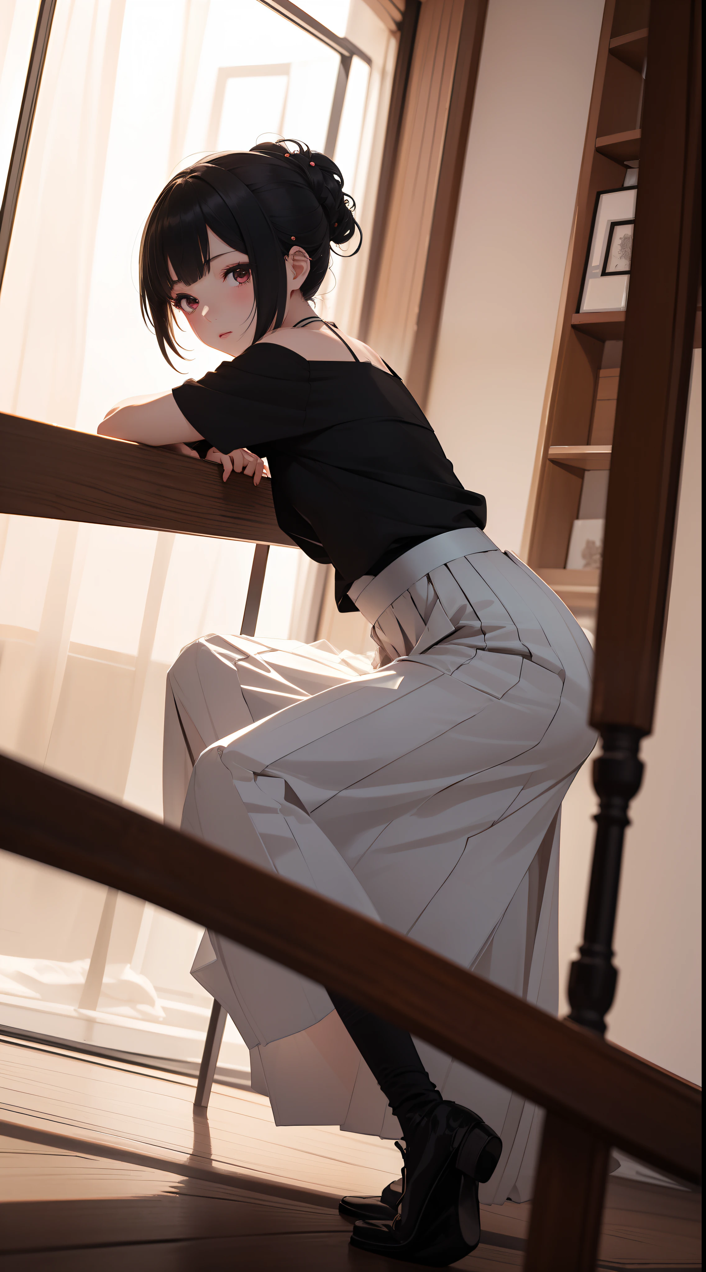 ((Best quality)), ((Masterpiece)), ((Ultra-detailed)), (illustration), (Detailed light), (An extremely delicate and beautiful),A charming young girl,Dramatic perspective,Hanfu,Short black hair,((((long skirt))))