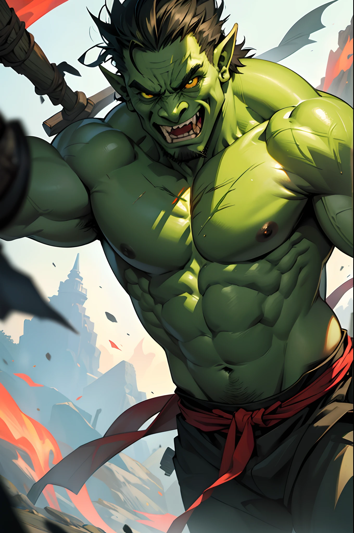 beste-Qualit, tmasterpiece, extra high resolution, Detailed background, realisti, 独奏, ember, Evil Orc, Ax , green orc, warrior, Dark green skin color, SINISTER, terrible, in full height, Race orc., blunt face, D&D, Horror \(subject\),Dark Fantasy, Depth of field,