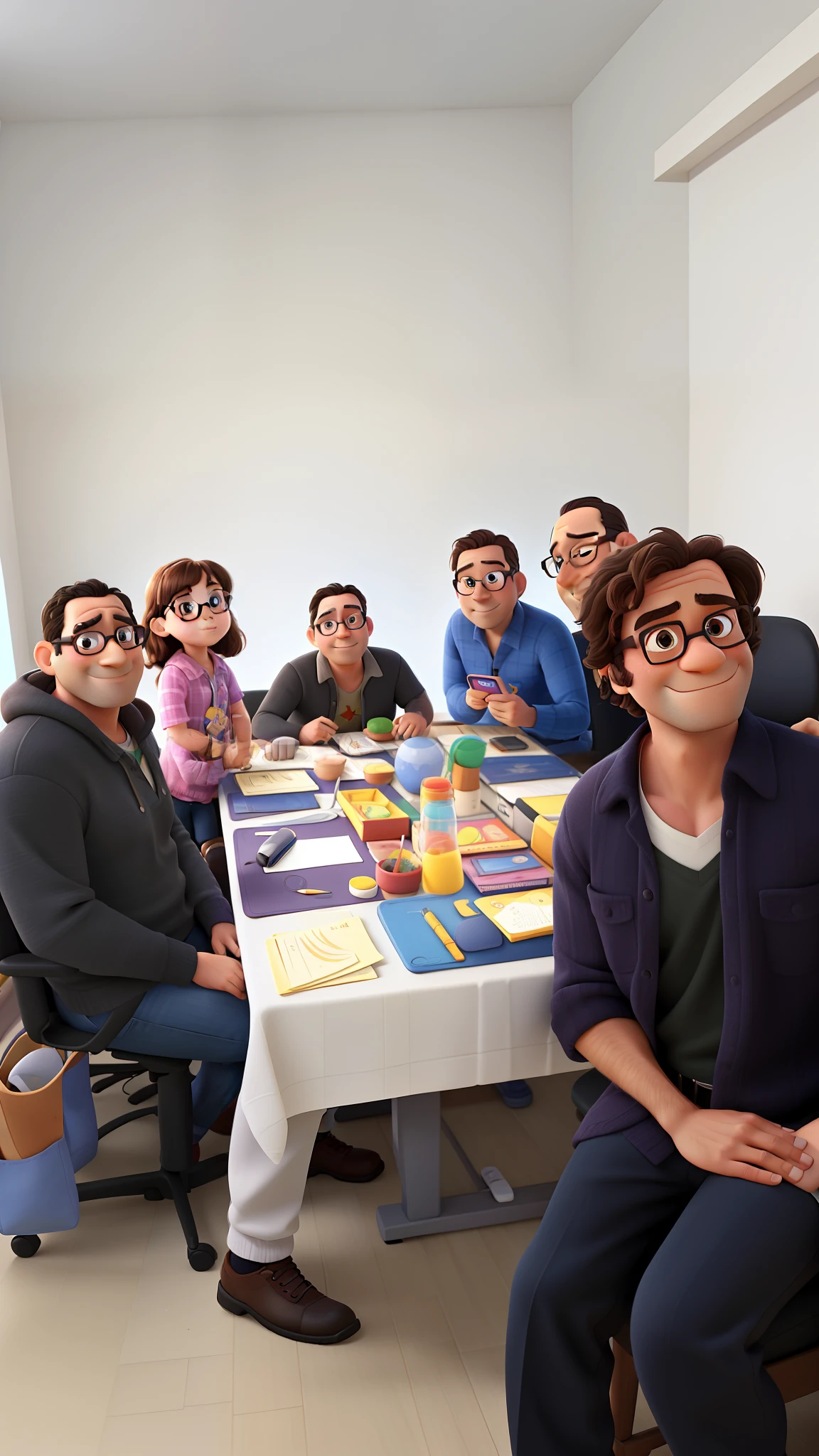 42-year-old man and 6--old ghter with glasses, Disney Pixar poster style in high resolution
