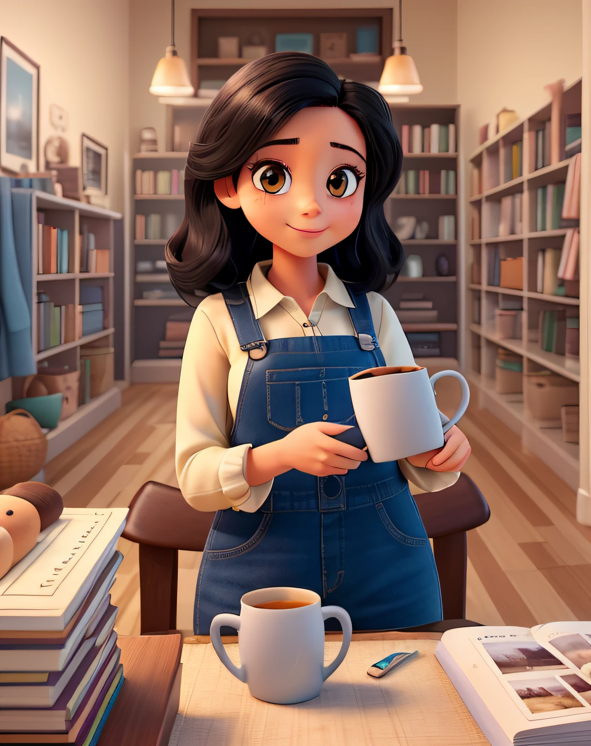 (best quality,ultra-detailed),white-skinned,gently chubby woman with beautiful black hair and captivating brown eyes, surrounded by several adorable notebooks. The scene is set in a room filled with shelves displaying a wide variety of colorful mugs. The woman is dressed in a stylish outfit that complements her confident and joyful expression. The lighting in the room is warm and soft, casting a cozy ambiance. The artwork portrays a mix of digital illustration and photography, giving it a unique and modern art style. The overall color palette is vibrant and saturated, enhancing the energetic and lively atmosphere.