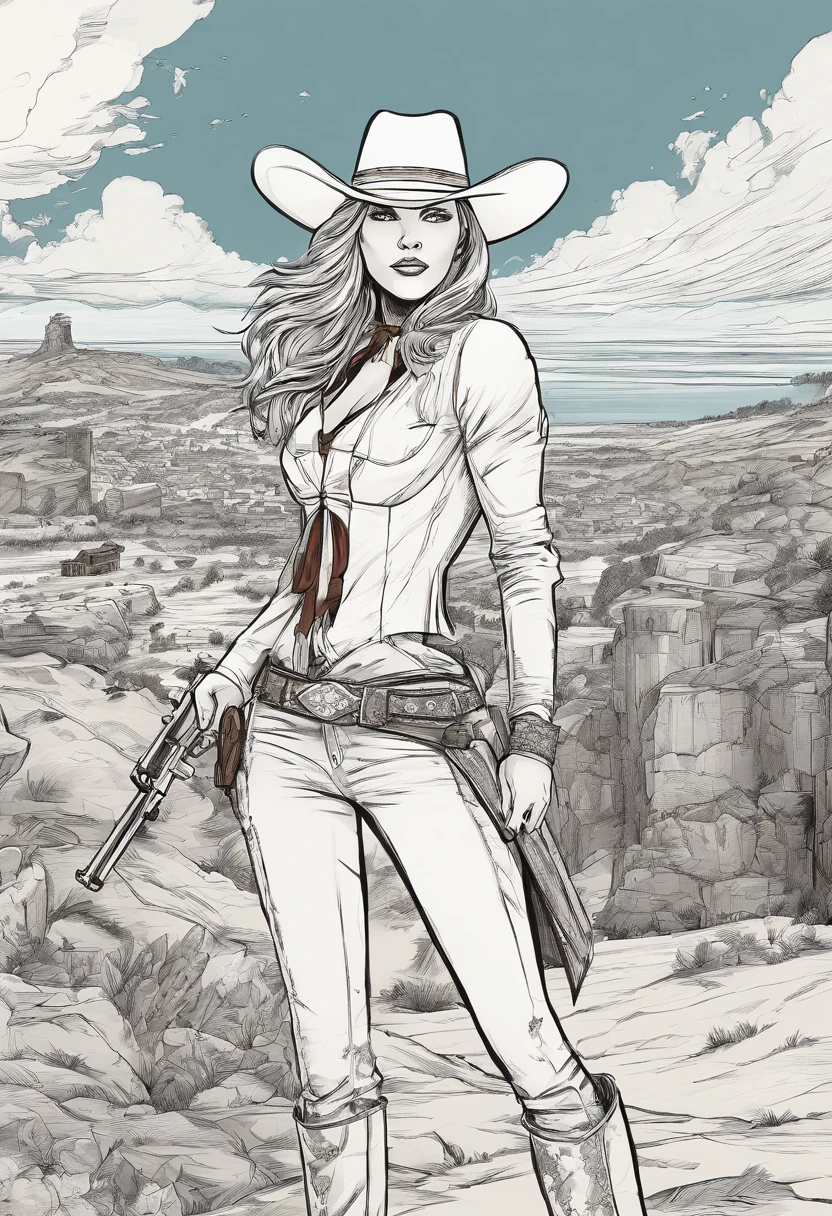 Hi quality film still, a lone gunslinger in a desert wasteland surrounded by four dead outlaws, woman, age 40, Jewish, beautiful, wide chin, white eyes, broad shoulders, long blonde hair, dirty white cowboy hat, a long trenchcoat, plunging neckline, exposed midriff, tight shorts, fishnet stockings, bandolier and hunting rifle. drenched in blood, besides her is a roaring bear with a saddle on its back, the setting sun in the distance. 