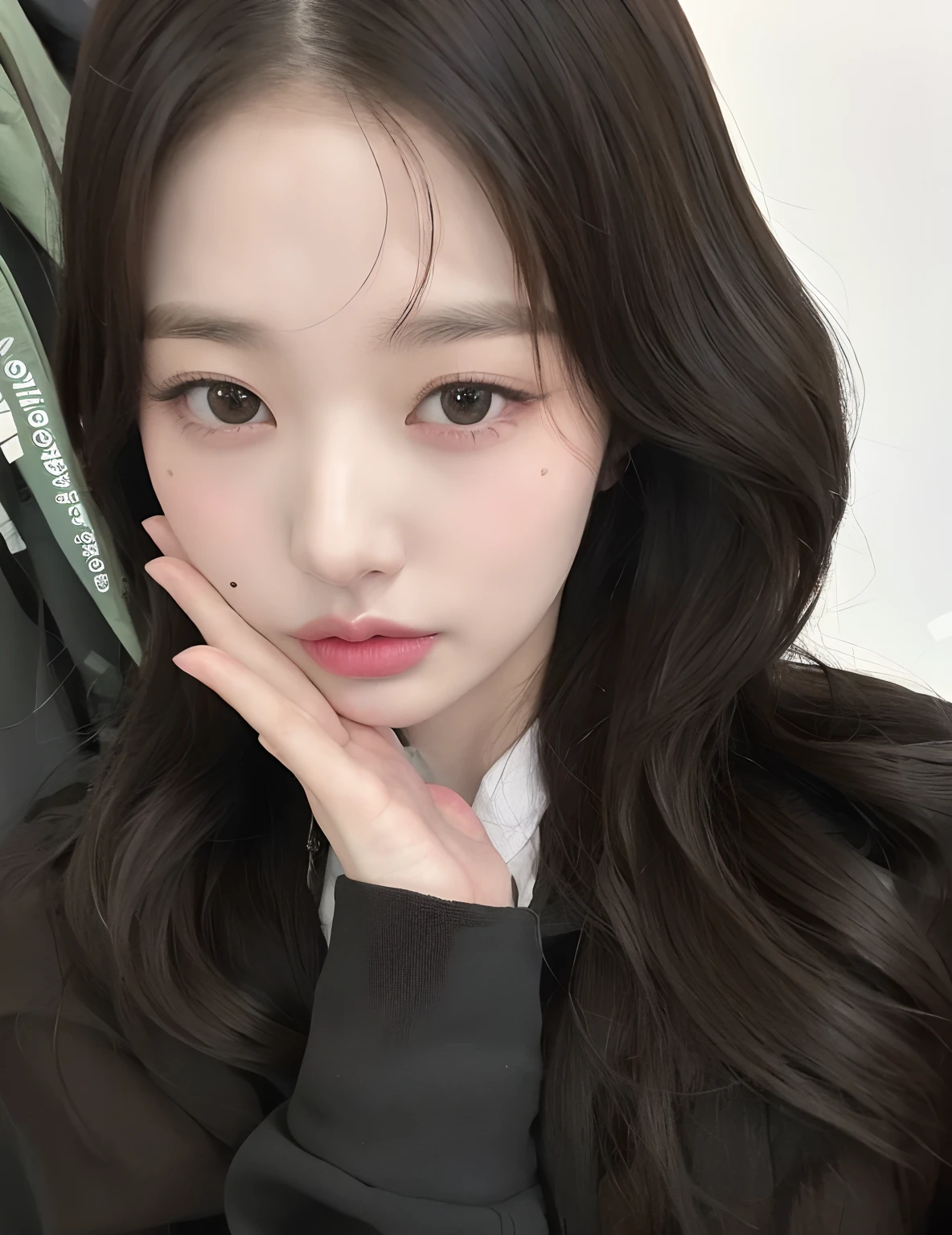 Un primer plano de una mujer con el pelo largo y una chaqueta negra, ulzzang, Wan adorable cara coreana, Jinyoung Shin, Jaeyeon Nam, Chica coreana, Joven y adorable rostro coreano, Rasgos de la cara coreana, Hermosa mujer surcoreana, con cara linda - fina -, Beautiful aesthetic face, maquillaje popular de Corea del Sur, Korean symmetrical face, maquillaje coreano popular, Foto de perfil de la foto de cabeza