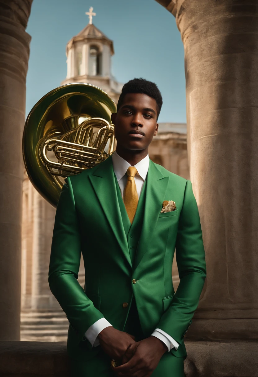 The visual representation I am requesting is that of a young man elegantly holding a 4/4 tuba with 4 pistons, giving it a grand appearance. He is wearing a green suit, complemented by a delicate miniature instrument brooch. In the background, an imposing church adds a majestic backdrop, with its architectural details highlighted by the soft light emanating from the windows, creating a striking contrast with the metallic gleam of the tuba and the vivid color of the suit. The overall style of the image should resemble the charming, cartoonish aesthetic commonly found in Pixar animations.