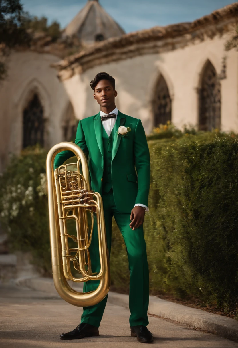 The visual representation I am requesting is that of a young man elegantly holding a 4/4 tuba with 4 pistons, giving it a grand appearance. He is wearing a green suit, complemented by a delicate miniature instrument brooch. In the background, an imposing church adds a majestic backdrop, with its architectural details highlighted by the soft light emanating from the windows, creating a striking contrast with the metallic gleam of the tuba and the vivid color of the suit. The overall style of the image should resemble the charming, cartoonish aesthetic commonly found in Pixar animations.