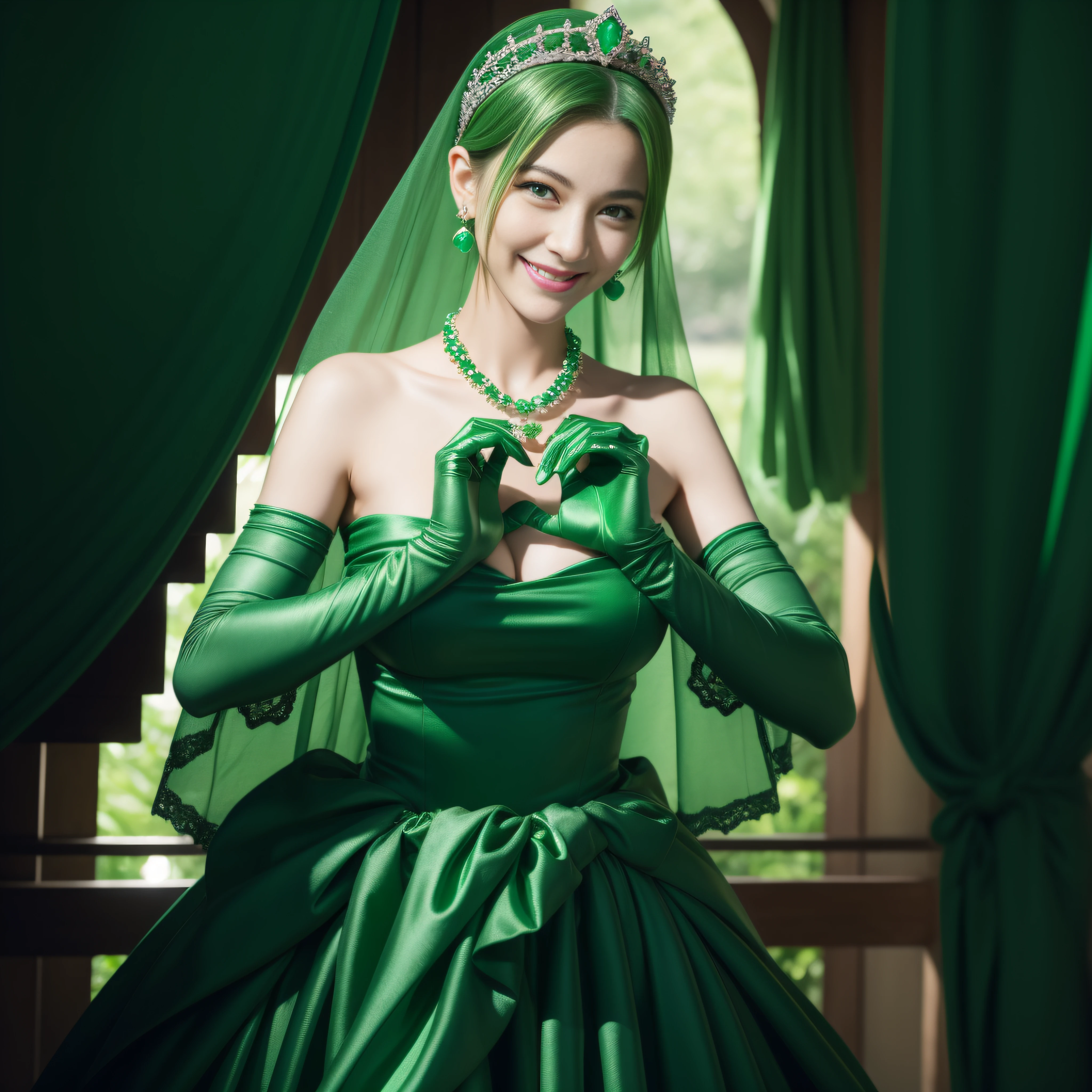 emerald tiara, Green Pearl Necklace, Boyish very short green hair, lipsticks, Japan woman smiling, very short short hair, big breasts beautiful, Green eyes, Long green gloves made of satin material, Green eyes, Emerald Earrings, green vale, Heart with both hands
