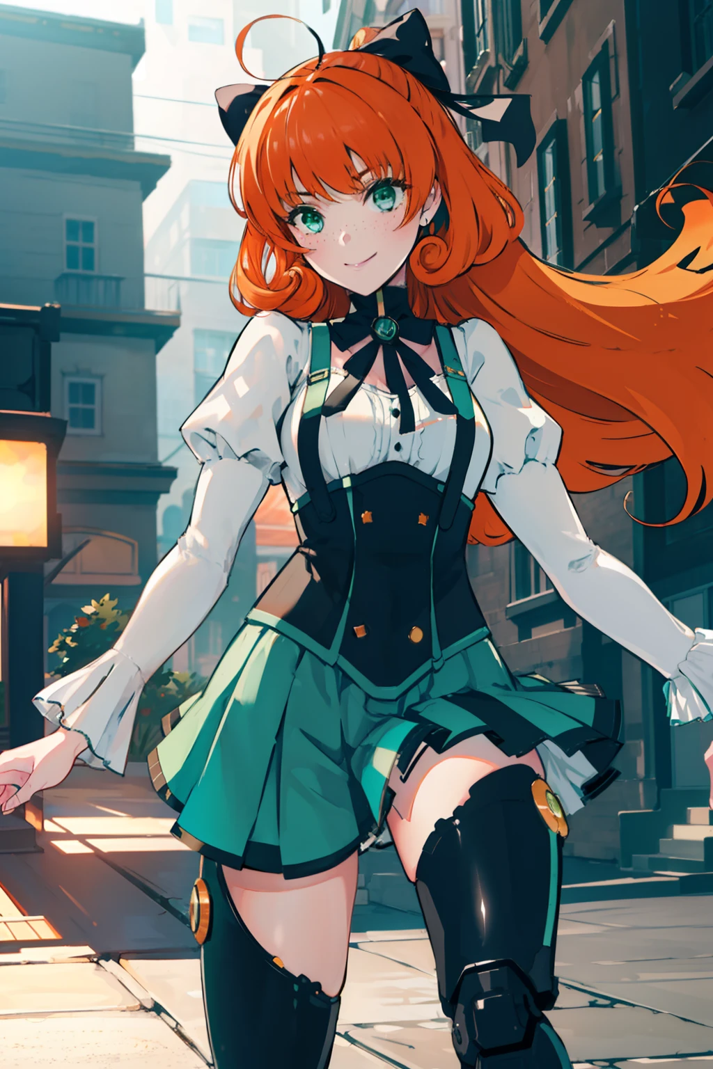 Penny Mac 2, Detailed face, Beautiful, blur, depth of fields, Green eyes, hitornfreckles, Black bow, (Power Symbol:1.2), a black ribbon, black thighhighs, mechanical legs, Smile, Long hair, juliet sleeves, White blouse, Suspender Skirt, corsets, buttoning, Orange hair, 8K Wallpaper, Octane Render, Cinematic lighting, Best Quality, hight resolution, absurderes, Sharp Focus, (8K), (4K), (Best Quality), Fantasy, Extremely detailed, Convoluted, Hyper Detailed, (Perfect face), Illustration, Soft lighting, (Specular lighting:1.4),