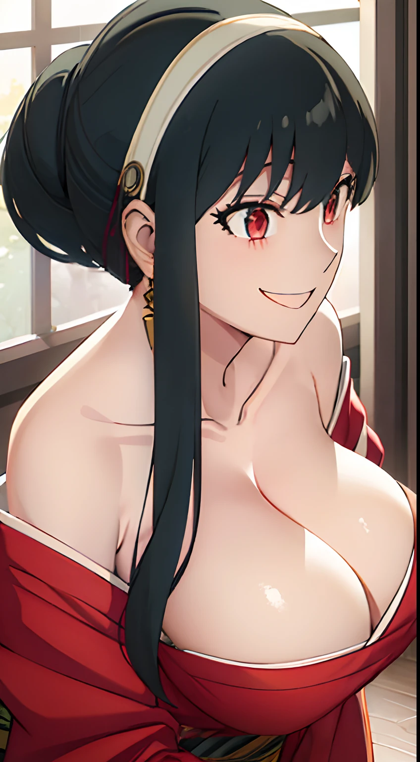 1 girl, black long hair, very big breasts, very sexy body, sexy look, smiling, looking directly at the camera, wearing a kimono that shows cleavage