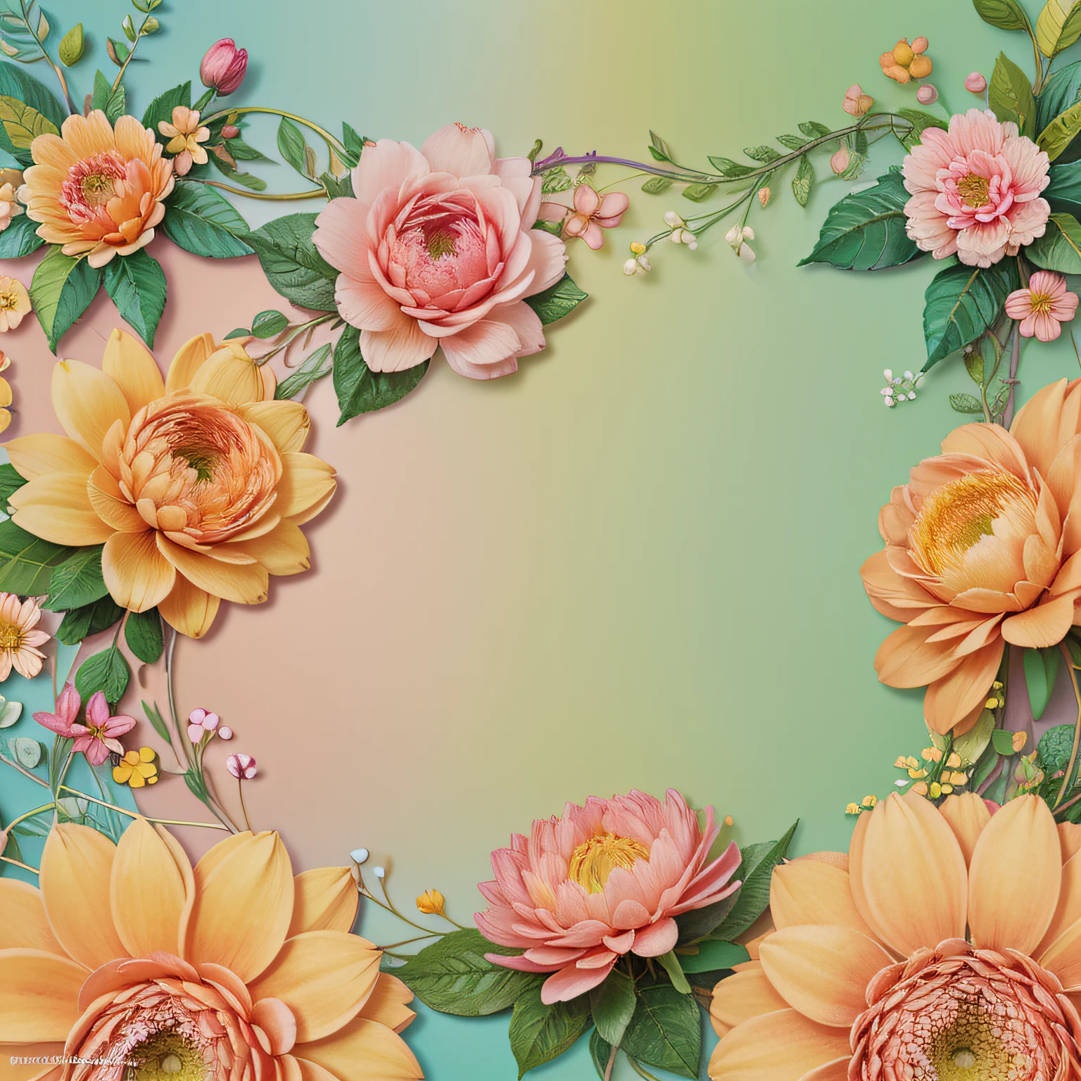 Seamless digital paper design inspired by botanical illustrations, featuring vibrant pink, orange, and yellow flowers with delicate green leaves and vines on a soft pastel blue background, created using digital painting techniques with attention to intricate detailing and organic textures