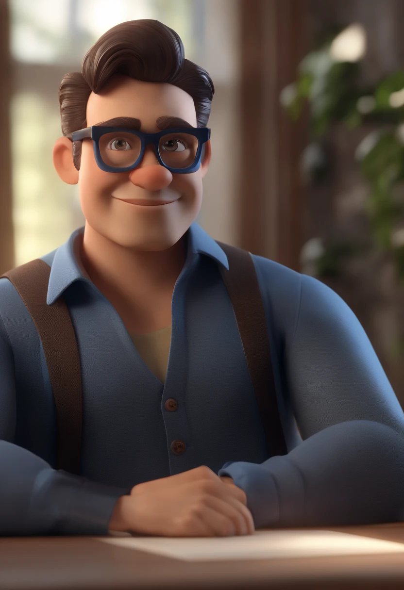 Cartoon character of a man wearing black glasses and a blue shirt, um personagem animado, Caractere estilizado, animation style rendering, 3D estilizado, Arnold Maya render, 3 d render stylized, toon render keyshot, Personagem 3D, Personagem 3D, 3d rendering stylized, 3 d character render, personagem de desenho animado, Personagem de close up, Pose de personagem, (Estilo Pixar) (master part:1.2) (Bokeh) (best quality) (pele detalhada) (textura detalhada) (8k) (argila) (Cinematic lighting) (foco nítido，Senta e vaza a parte superior do corpo