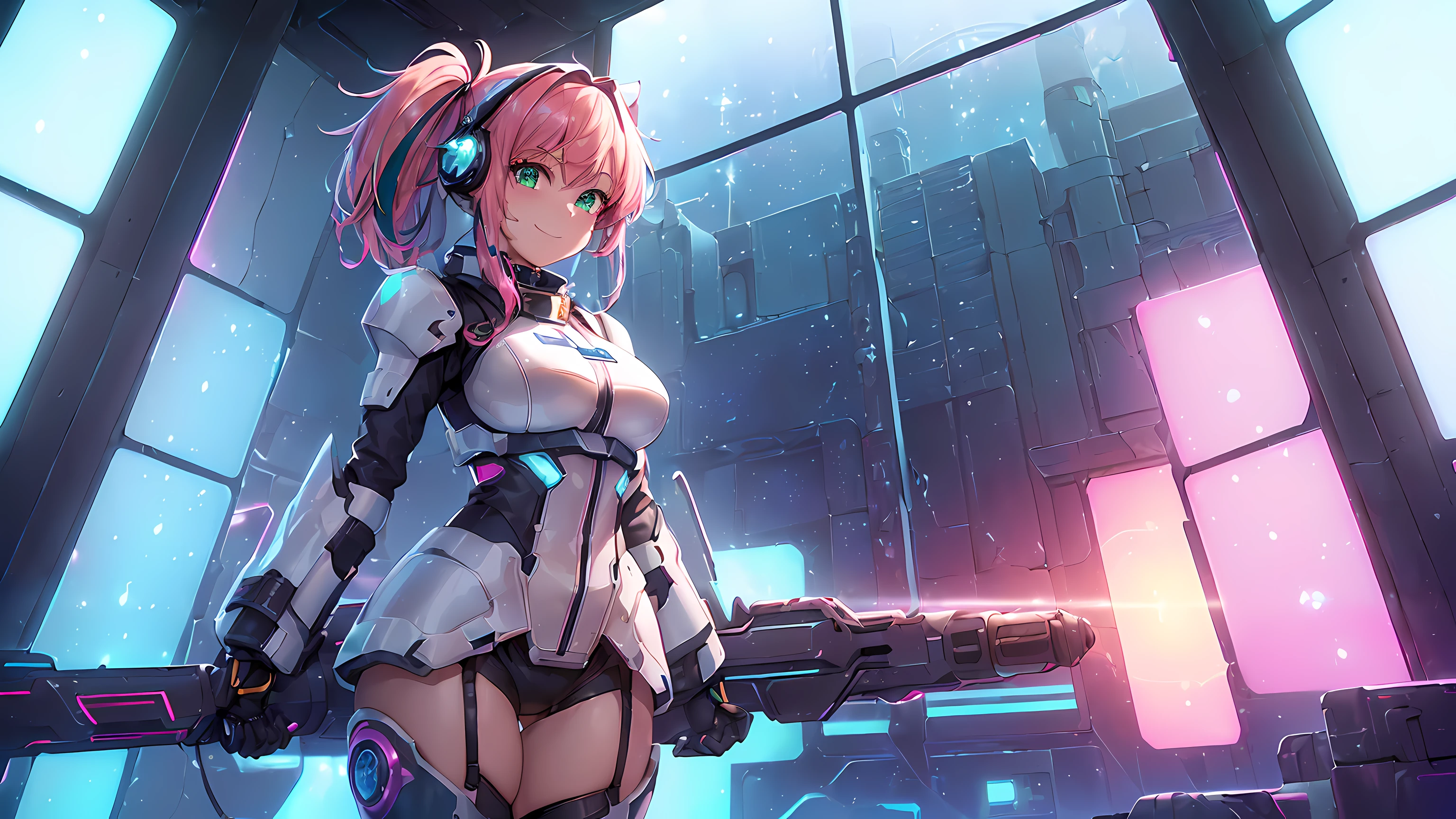 hd masterpiece, 1girl, ecchi girl ((20year old, dressed in a futuristic tight mecha body armor, boots, medium breasts:1.3, multicolor pink hair, twin ponytails, perfect model body:1.4, detailed green eyes:1.7, flirting, happy, big smile, wearing headphones, inspired by Yuumei, looking at viewer, cowboy shot:1.3, standing in a spaceship hangar:1.2, windows showing a galaxy in the background:1.3, fun and exciting atmosphere:1.2)) ((solo:1.8)) ((galaxy and stars))
