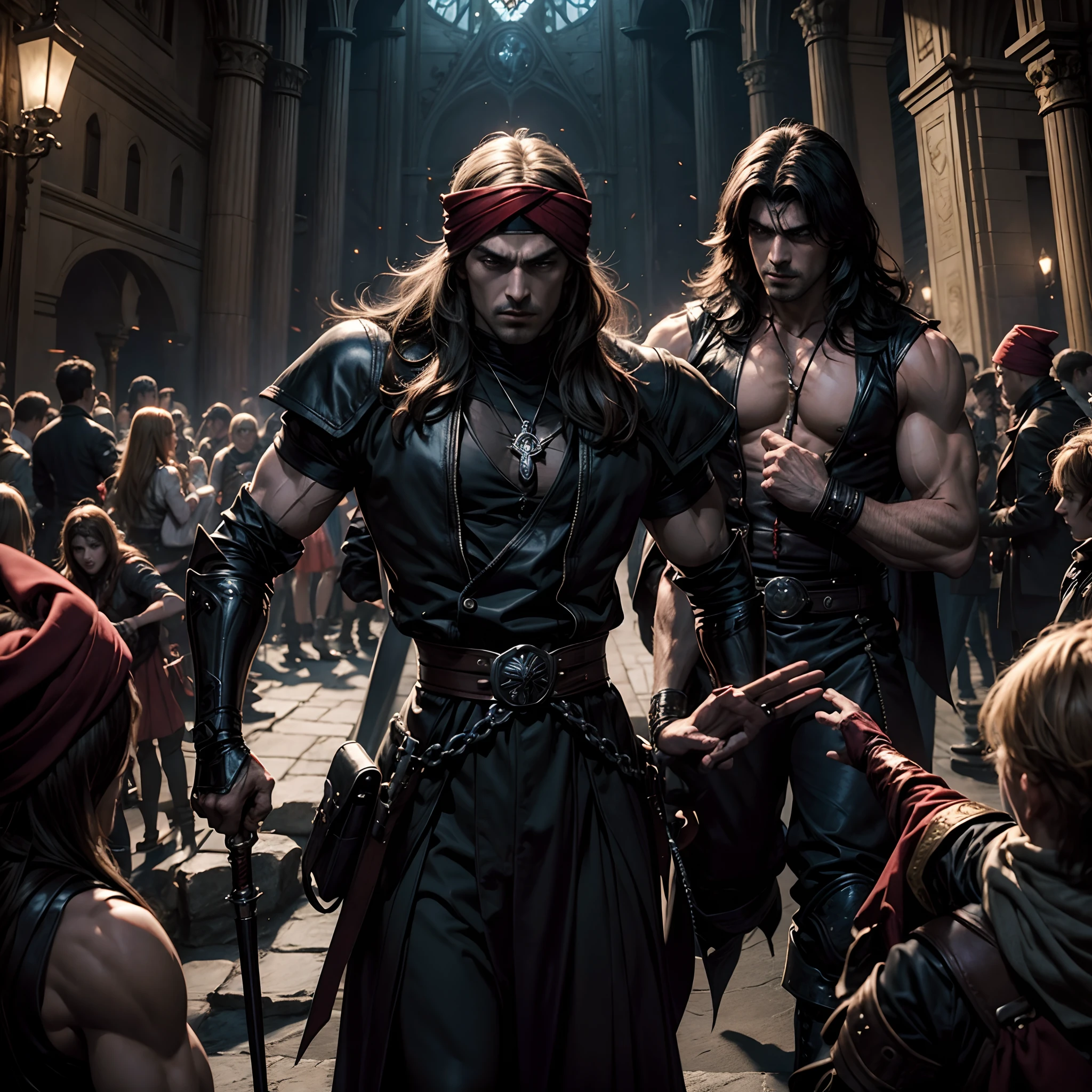 Castlevania seigneur de l’ombre musclé hokuto no ken kenshiro musclé red turban moroccan Castlevania style hyper réaliste super détaillé plan dynamique pièce maîtresse scène cinématique scènes du seigneur Dracula menant des troupes armée de démons au combat pointu détails cinématique scènes film