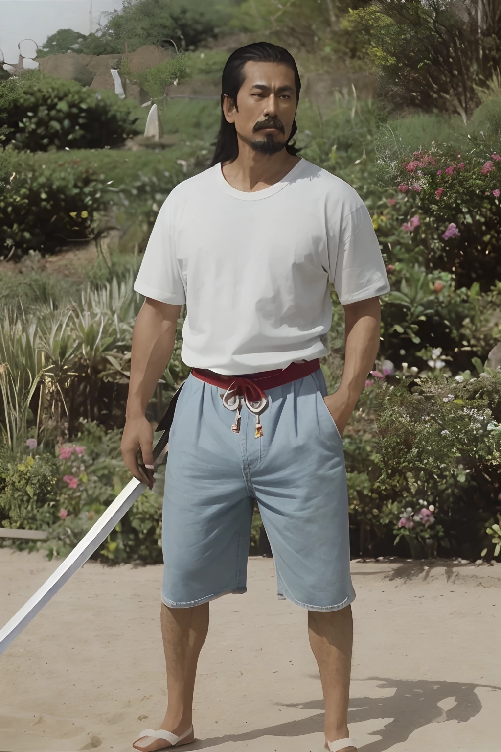 80s photo, Full body portrait of a Mexican samurai, tall, slender, skinny and shredded, high cheekbones, sharp jawline, expressive eyebrows, mustache, chin beard, long neck, baggy white tee, baggy denim shorts, blue katana on hip, fuji film, summer vibrancy, cinematic, details, noisy film grain effect, super wide shot