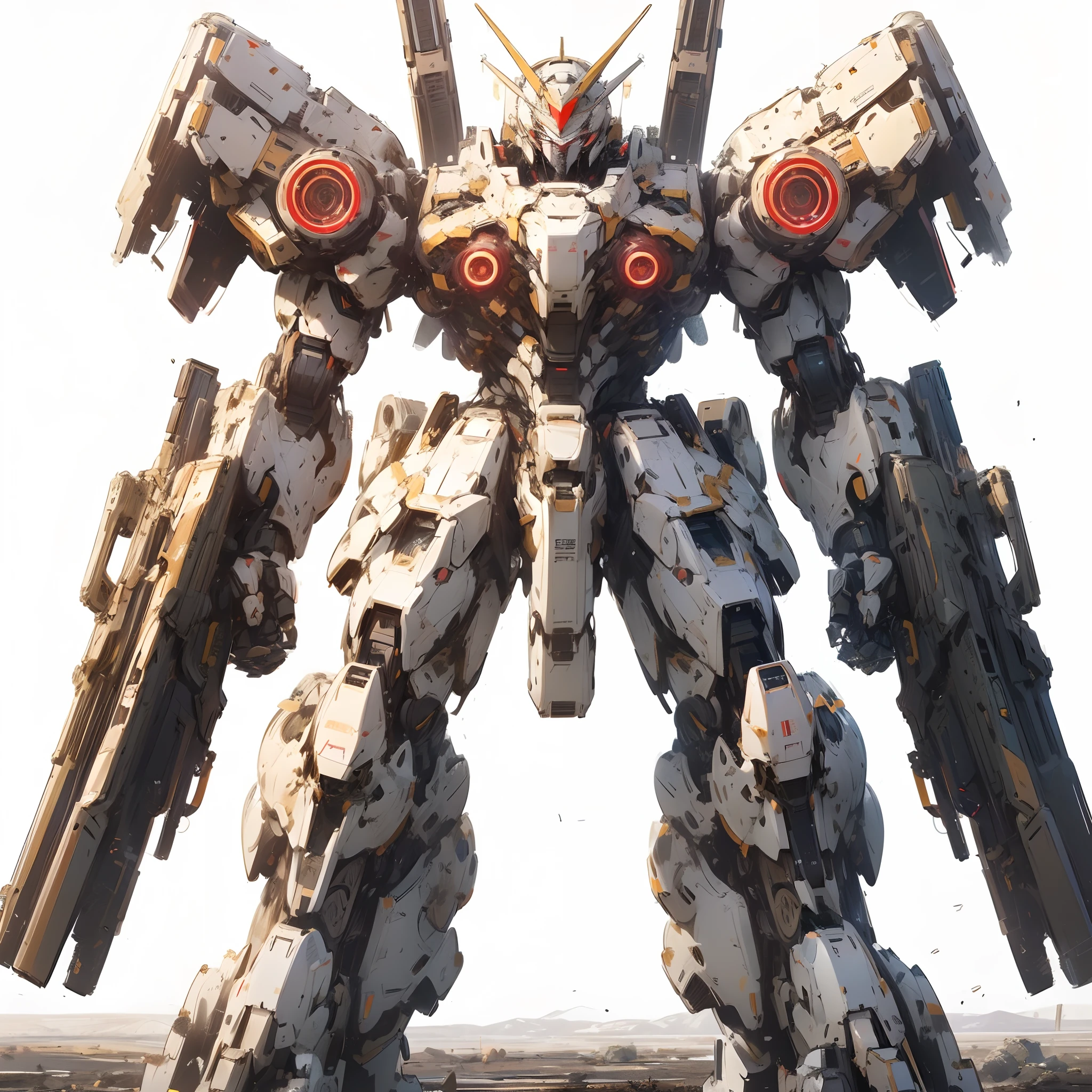 (masutepiece, Best Quality), Ultra-detailed, Anime style, Ivory armor at night, Stand in the desert in a mobile suit, red eyes glowing, Heavily armed aircraft, Heavily armed, Rear Weapon Unit, Very large, Digital Painting, 8K High Resolution, trend artstation, White background, Whole body, Distinct shading.