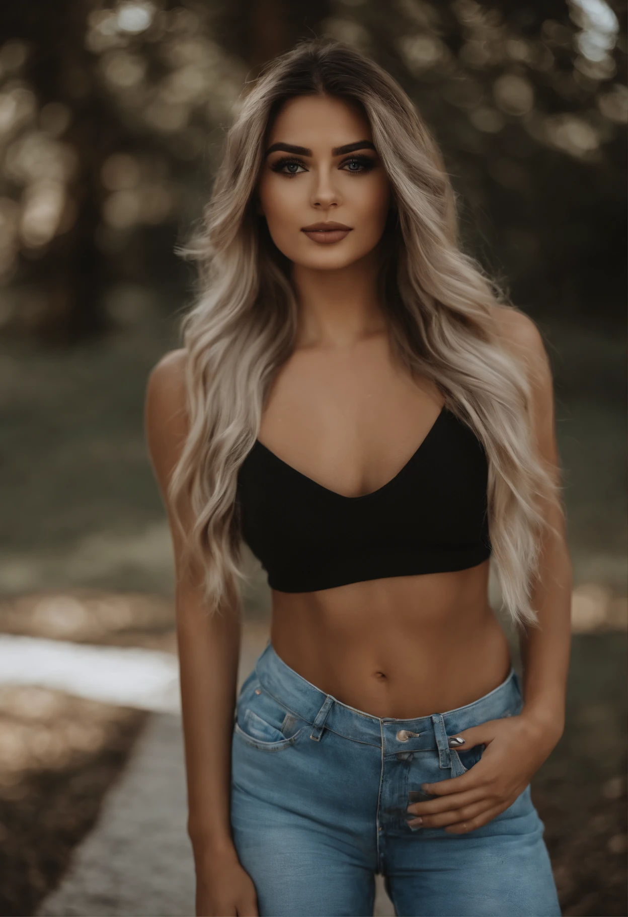 Mulher ultrarrealista Arafed com roupas atrativas sexy pretas, Menina sexy com olhos castanhos, Retrato Sophie Mudd, cabelos pretos e olhos grandes, selfie de uma jovem mulher, Olhos do quarto, Violeta Myers, sem maquiagem, maquiagem natural, Looking directly at the camera, Rosto com ArtGram, maquiagem sutil, Impressionante tiro de corpo inteiro, em um telhado , clivagem, no parque