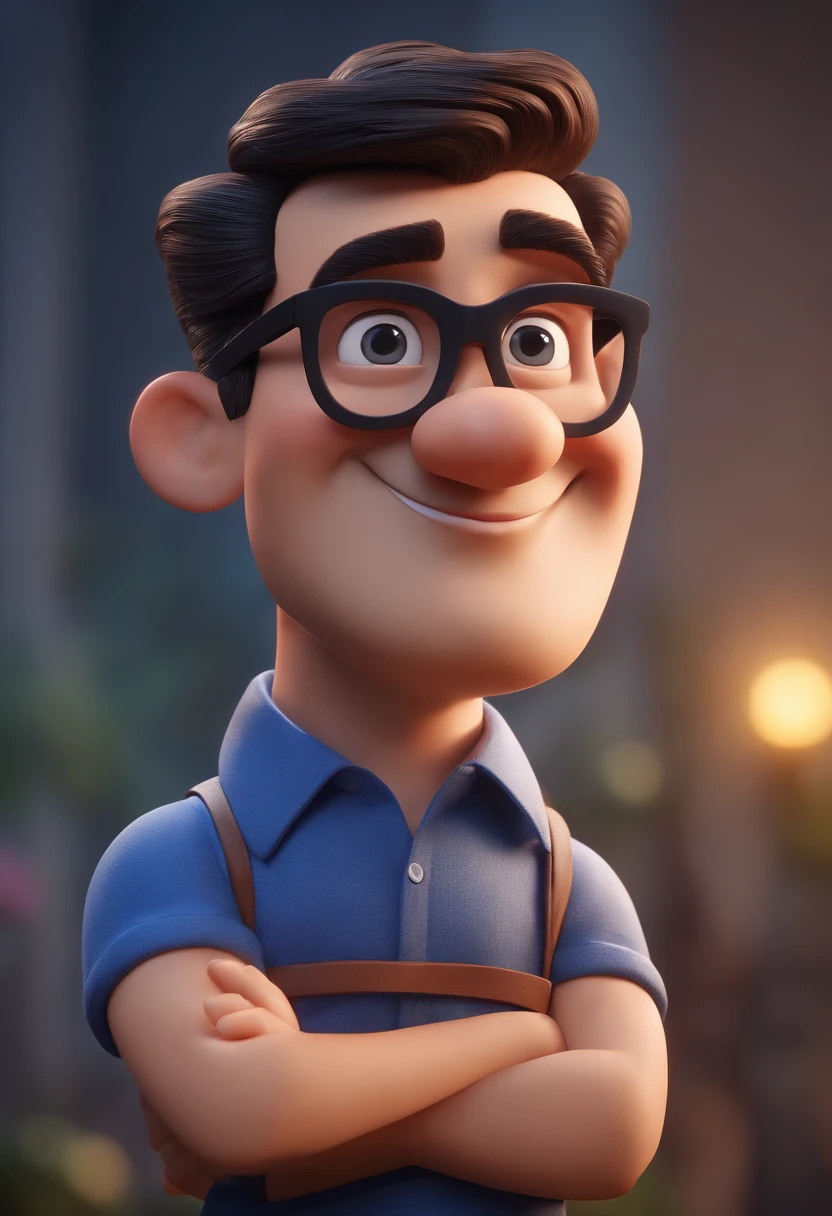 Cartoon character of a man with black glasses and a blue shirt, animation character, Caractere estilizado, animation style rendering, 3D estilizado, Arnold Maya render, 3 d render stylized, toon render keyshot, Personagem 3D, Personagem 3D, 3d rendering stylized, 3 d character render, personagem de desenho animado, Personagem de close up, Pose de personagem, (Estilo Pixar) (master part:1.2) (Bokeh) (best quality) (pele detalhada) (textura detalhada) (8k) (argila) (Cinematic lighting) (foco nítido