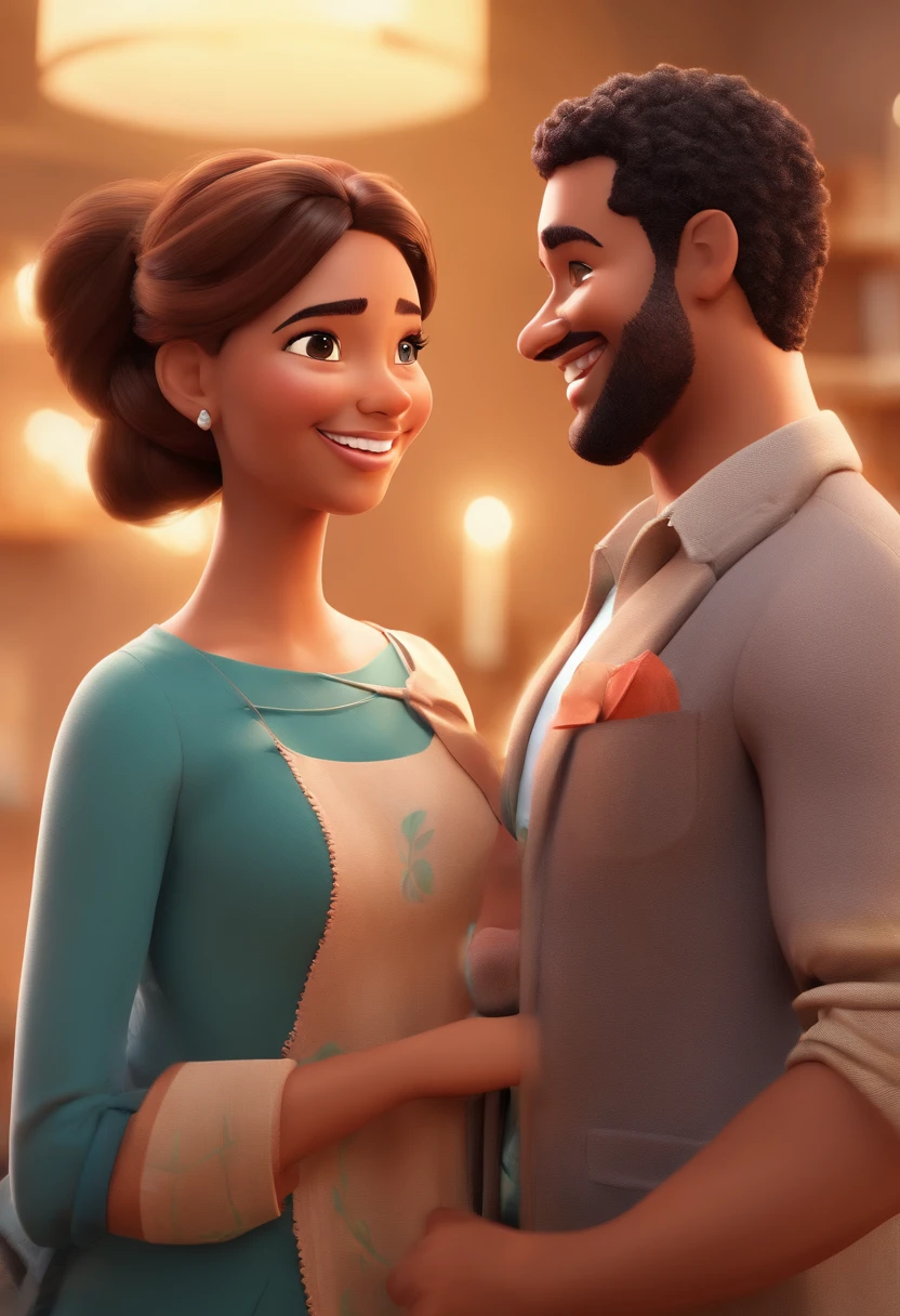 An illustration of an adorable couple, Highlight for a chubby mulatto man with glasses smiling and a brunette woman with beautiful expressive eyes - the man's skin is mulatto and the man's hair haswhile the woman's skin is black and the woman's hair is straight and brown. They are a bright room, cada um com um sorriso no rosto, e compartilhar um momento especial caracterizado pelo amor, Insights. Illustrate this scene from a perspective where they are facing the camera, Smiling and Showing Your Connection. Desenvolva esta arte em Full HD, Focus on your cinematic touch, Estilo Disney Pixar Animations