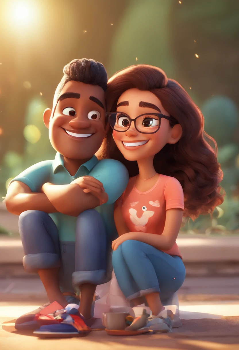An illustration of an adorable couple, Highlight for a chubby mulatto man with glasses smiling and a brunette woman with beautiful expressive eyes - the man's skin is mulatto and the man's hair haswhile the woman's skin is black and the woman's hair is straight and brown. They are a bright room, cada um com um sorriso no rosto, e compartilhar um momento especial caracterizado pelo amor, Insights. Illustrate this scene from a perspective where they are facing the camera, Smiling and Showing Your Connection. Desenvolva esta arte em Full HD, Focus on your cinematic touch, Estilo Disney Pixar Animations
