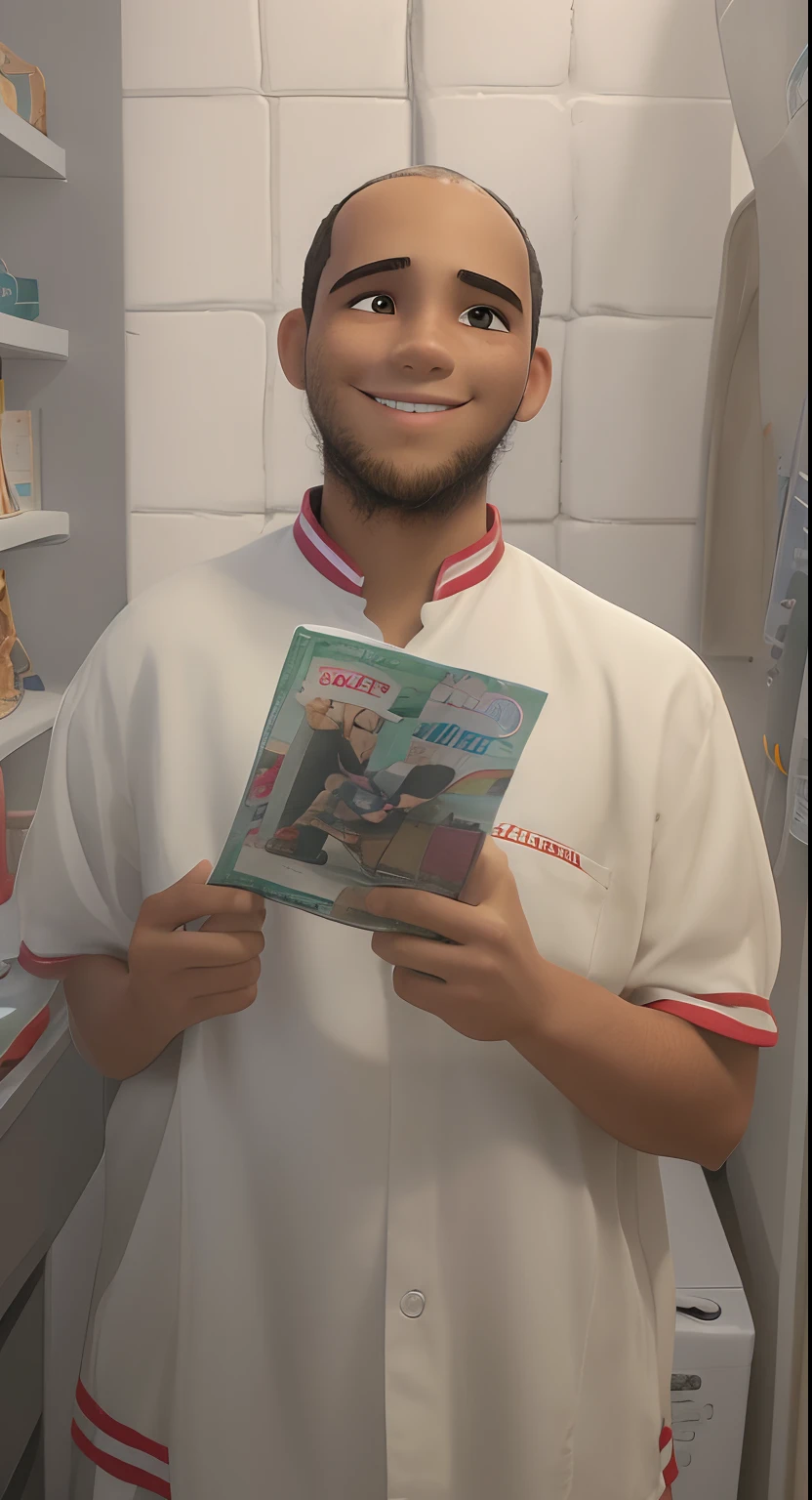 quero um desenho de um menino de 14 anos sorrindo, de cabelo calvo segurando uma revista