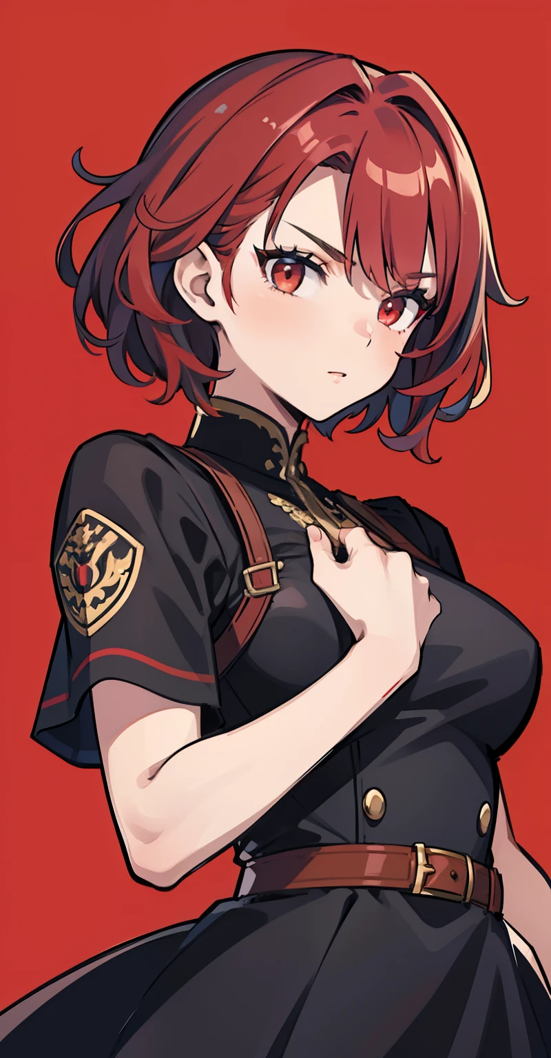 1girl, masterpiece, lady_nagant, short hair, red hair, red eyes, Black dress with red details