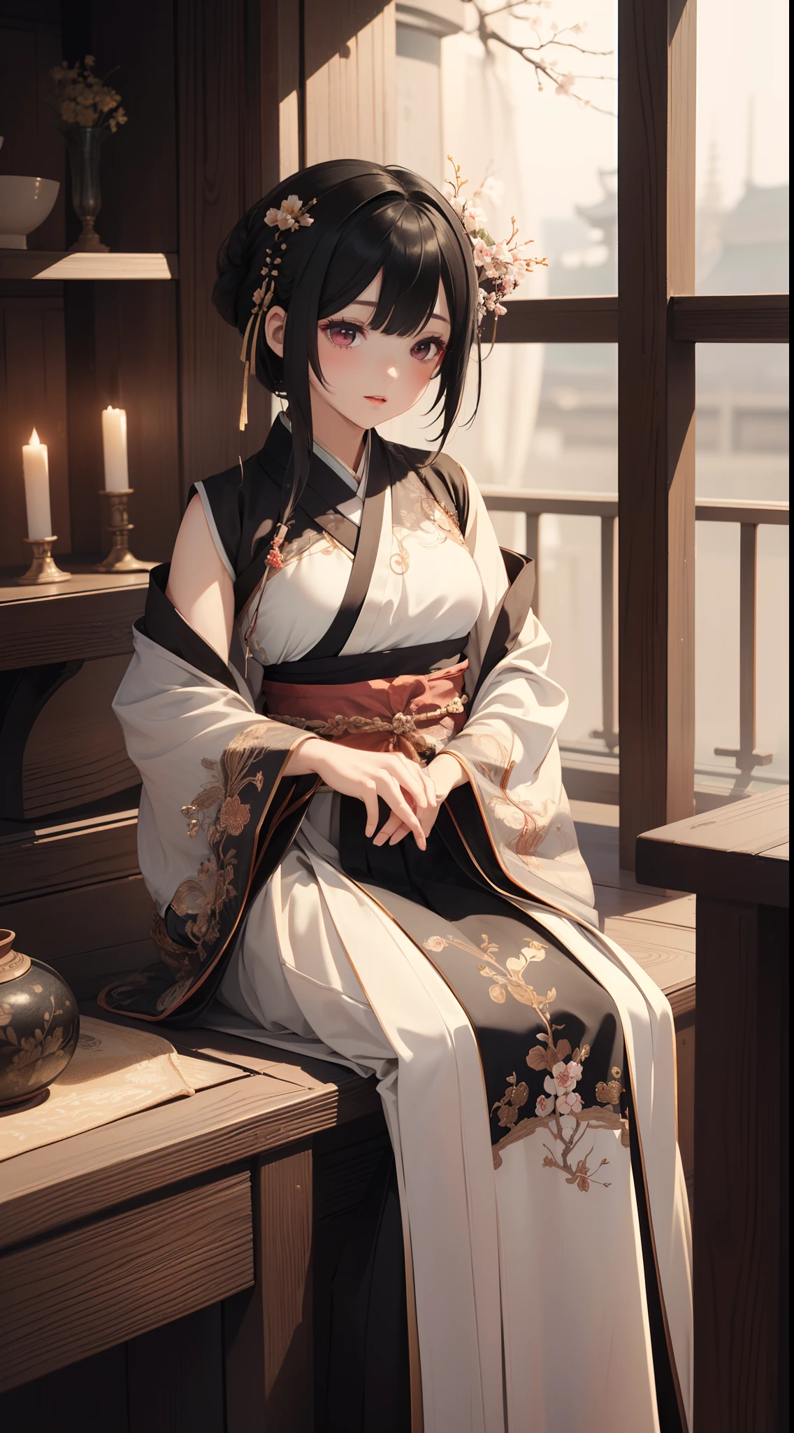 ((Best quality)), ((Masterpiece)), ((Ultra-detailed)), (illustration), (Detailed light), (An extremely delicate and beautiful),A charming young girl,Dramatic perspective,(((Hanfu long skirt))),Short black hair,