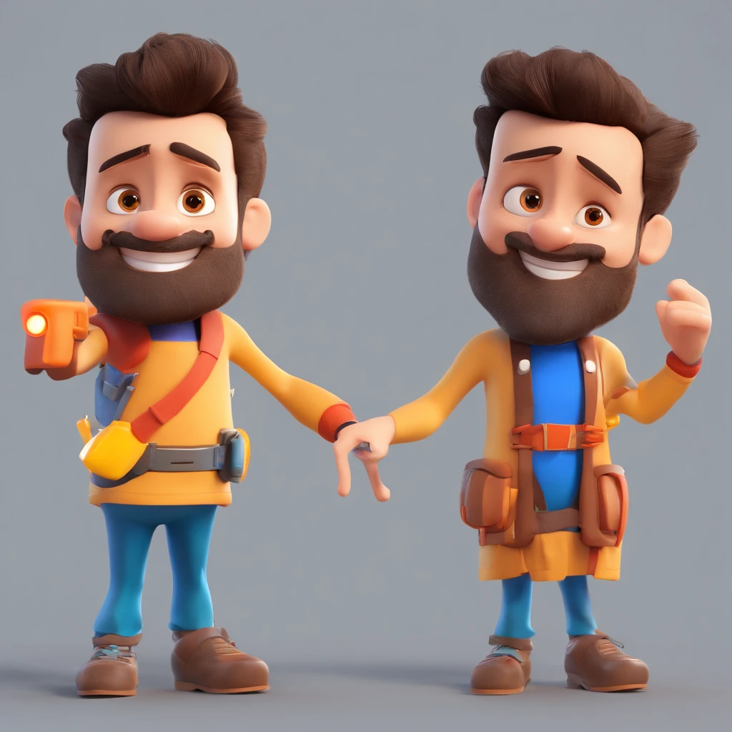Criar um personagem no estilo Pixar. Trata-se de um homem de 30 anos, com barba, Branco, com cabelos castanhos curtos e um quiff, e olhos castanhos. Ele deve estar na frente de um computador, Trabalhar como designer
