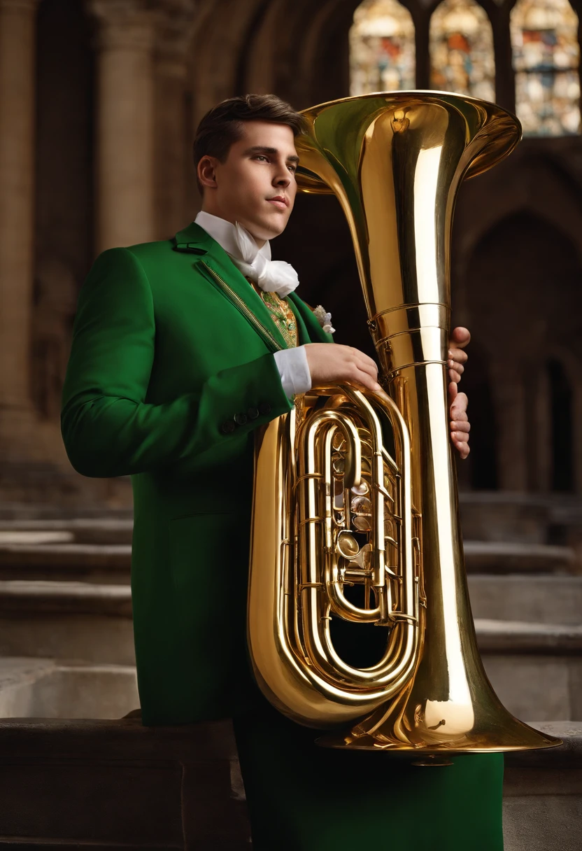 The visual representation I am requesting depicts a young man confidently holding a large 4/4 tuba with 4 pistons, known for its grandeur and distinctive conical shape. The tuba, a brass instrument renowned for its deep and rich sound, features a wide bell at the end and a complex series of tubing. The young man is dressed in a green suit, with a meticulously crafted miniature tuba brooch adorning his lapel. The background portrays a stately church, emphasizing the contrast between the intricate details of the instrument and the imposing architectural features. I envision the overall image to be in the style of Pixar's endearing cartoons, capturing the essence of both the character and the instrument in a lively and vibrant manner."