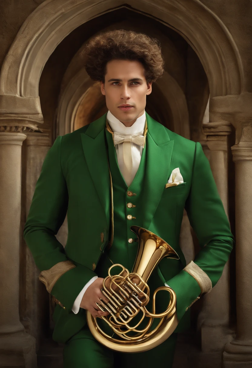 The visual representation I am requesting depicts a young man confidently holding a large 4/4 tuba with 4 pistons, known for its grandeur and distinctive conical shape. The tuba, a brass instrument renowned for its deep and rich sound, features a wide bell at the end and a complex series of tubing. The young man is dressed in a green suit, with a meticulously crafted miniature tuba brooch adorning his lapel. The background portrays a stately church, emphasizing the contrast between the intricate details of the instrument and the imposing architectural features. I envision the overall image to be in the style of Pixar's endearing cartoons, capturing the essence of both the character and the instrument in a lively and vibrant manner."
