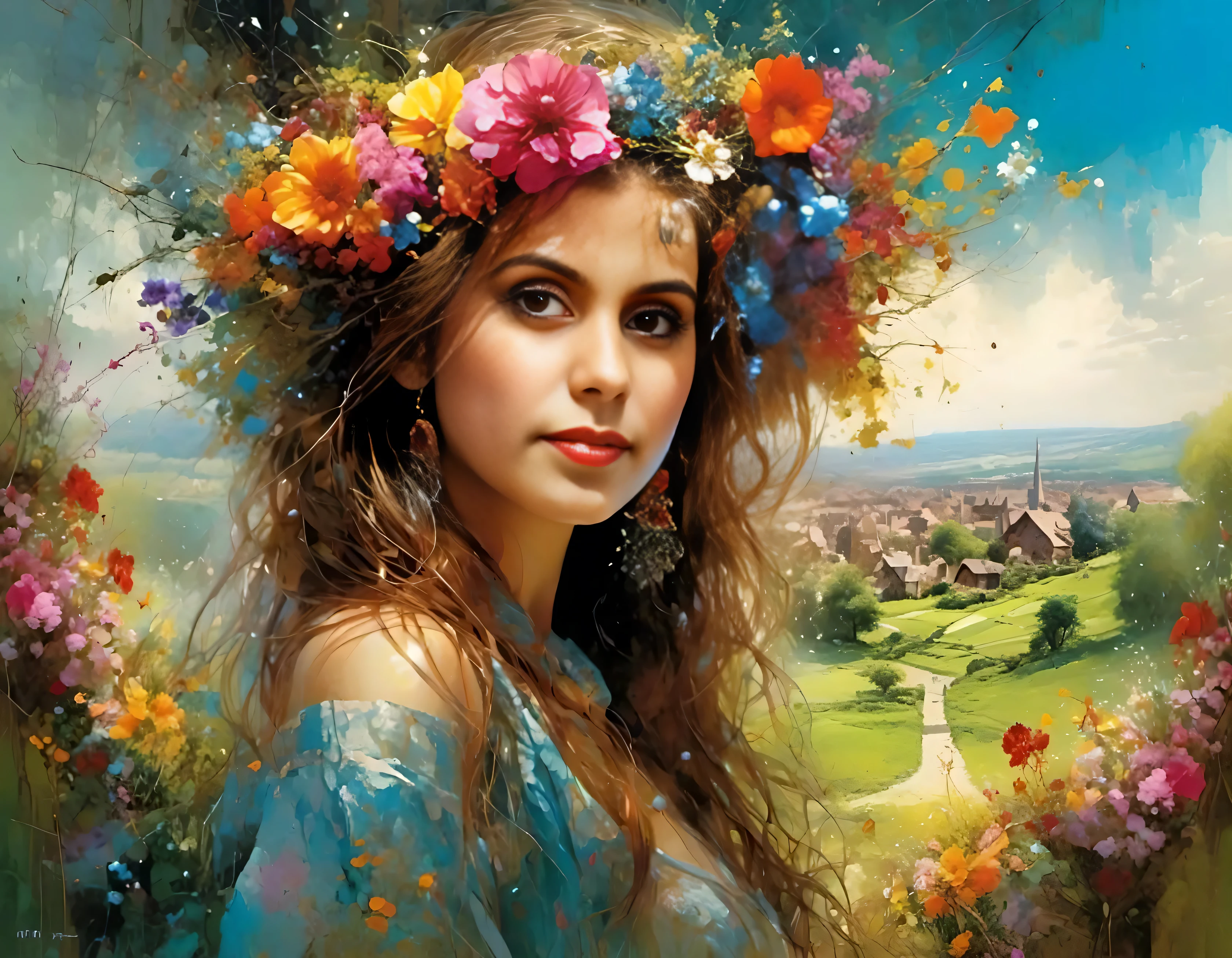 [(front portrait:1girl with big eyes and a short perl+liliac hurricane bob)((Harrison Fisher style))):20]/[background:landscape Baroque (halfmoon sunset), style Marc Chagall], space Marc Chagall, very colorful,((oil painting)),((masterpiece)),single shot