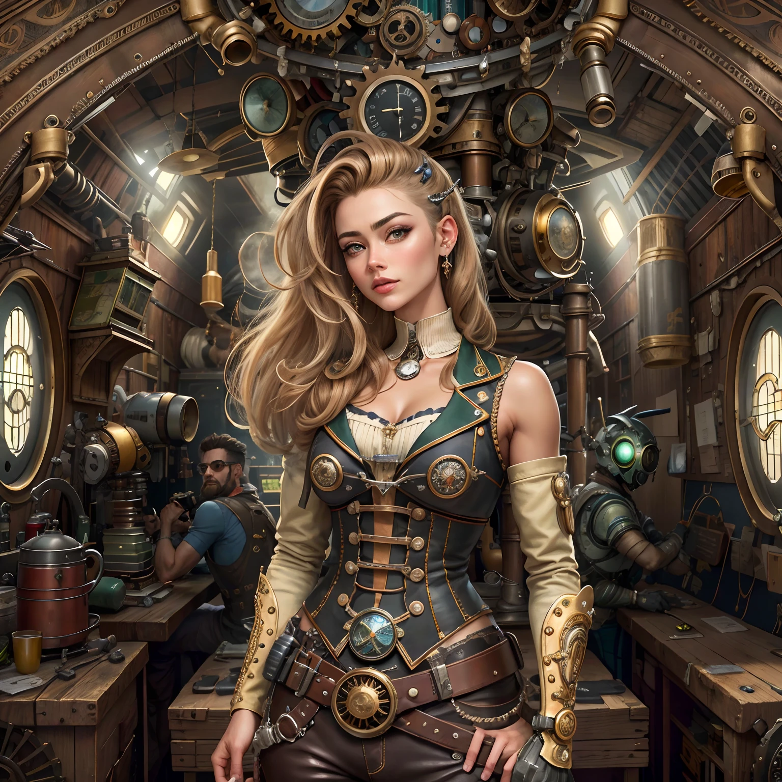 melhor qualidade,tmasterpiece,ultrahigh-resolution,(realista:1.4),absurdos,(1 couple repairing airships in the mansion,(foco ocular),Foco Sface, clear facial features),(Koh_Amberheard:0.8),1 melhor foto longa de Mulher guerreira bonita, longo cabelo loiro, olhos azuis, 18 anos, altura mediana, corpo tonificado, cicatrizes aparentes, pose de guerreira, armadura completahiper realisitc,Steampunc,design complexo,detalhes insanos,finamente detalhado,IA steampunk