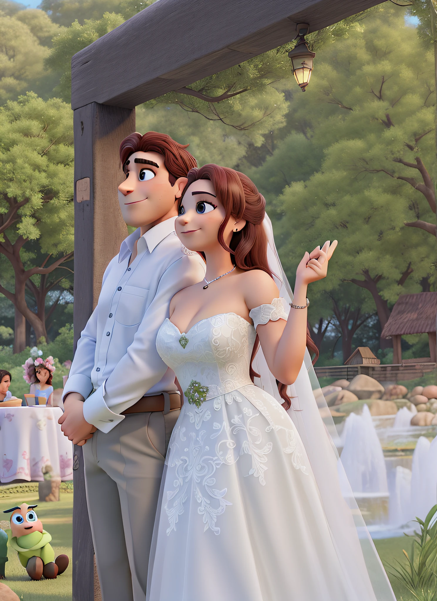 Romantic couple sitting on the grass, igual aos filmes da Disney Pixar