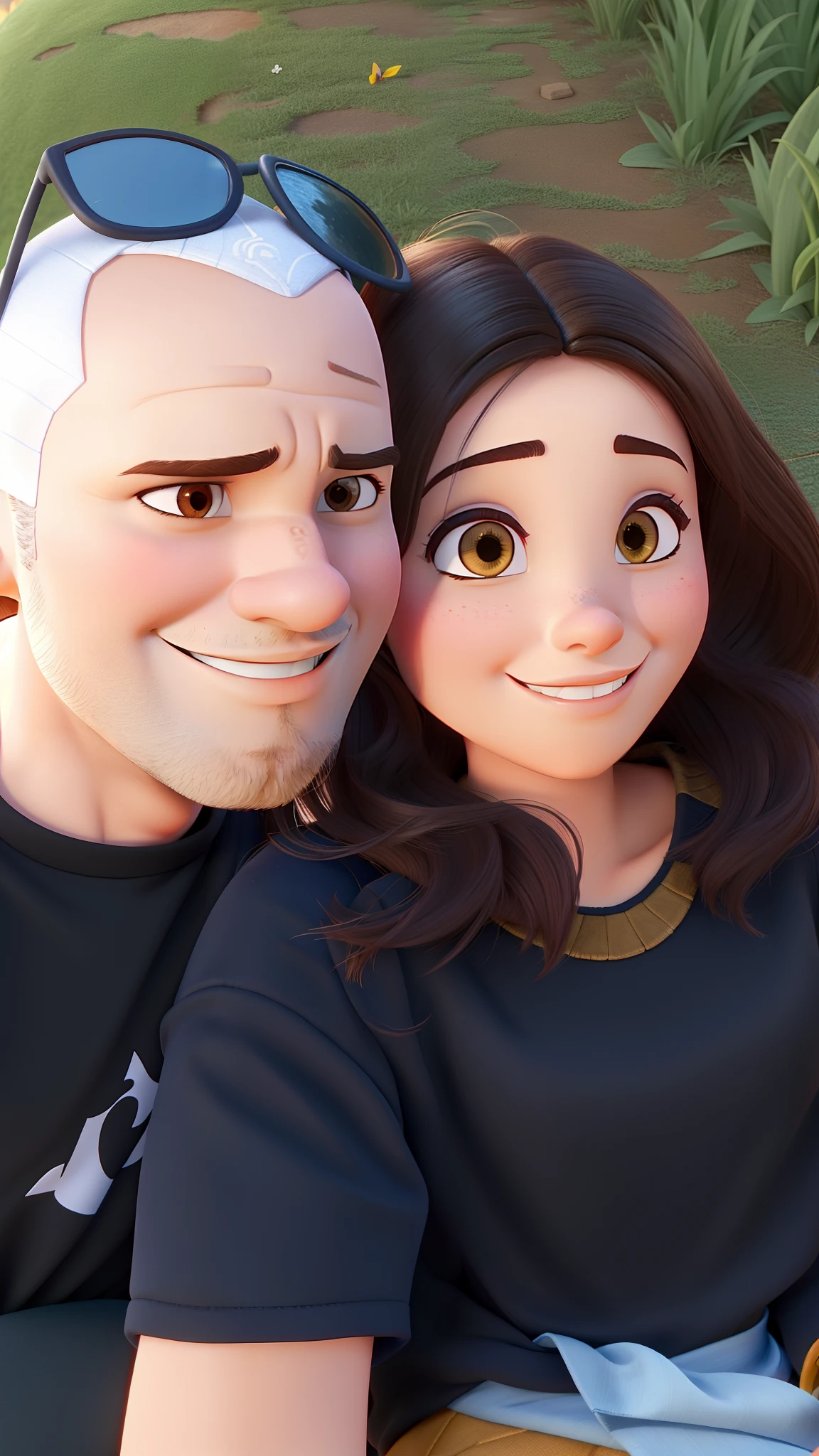 Casal homem careca e mulher morena estilo Disney Pixar, alta qualidade, melhor qualidade